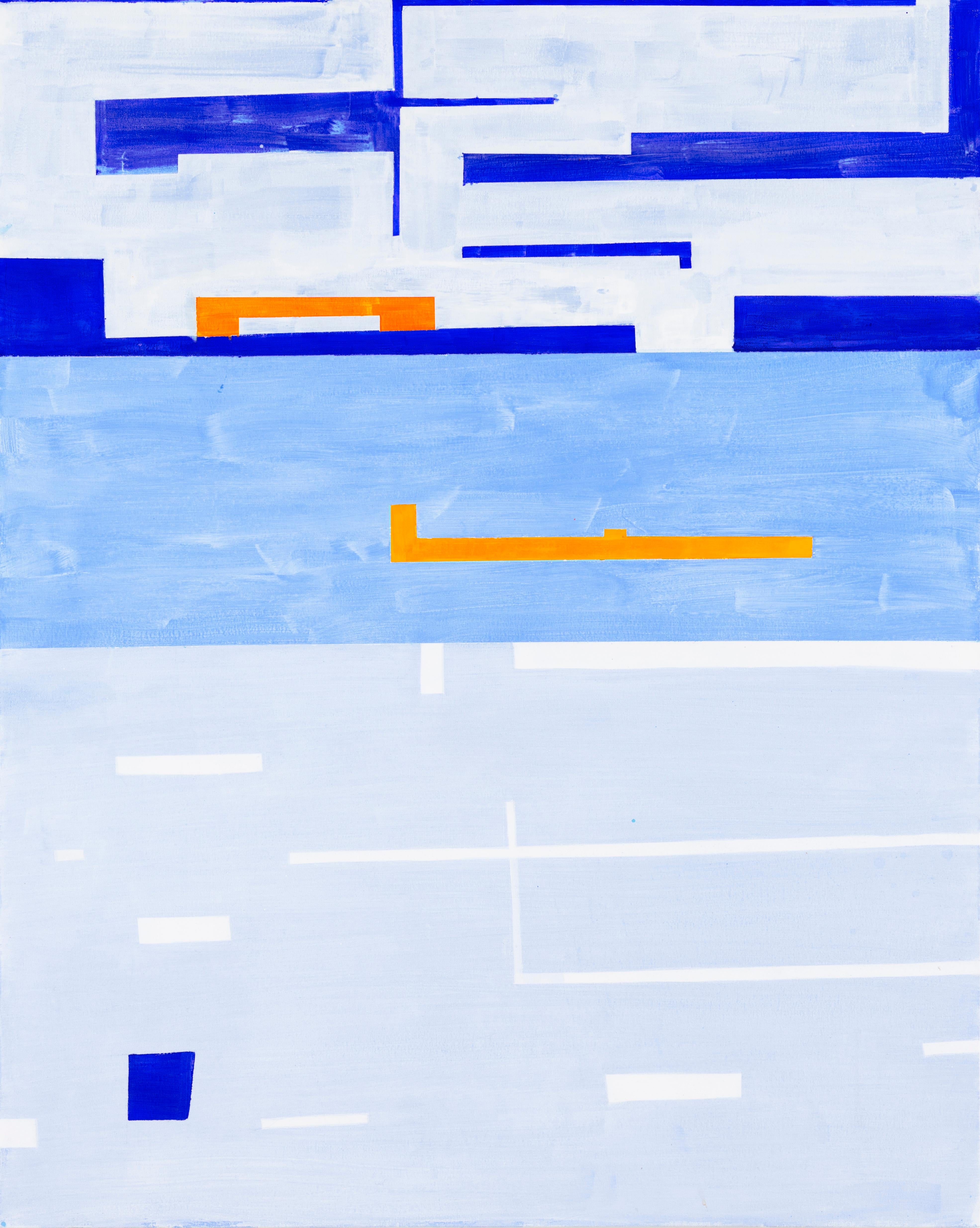 Margo Margolis Abstract Painting - "Blue, Blue"  Playful Abstract Geometric Shades of Blue White Orange