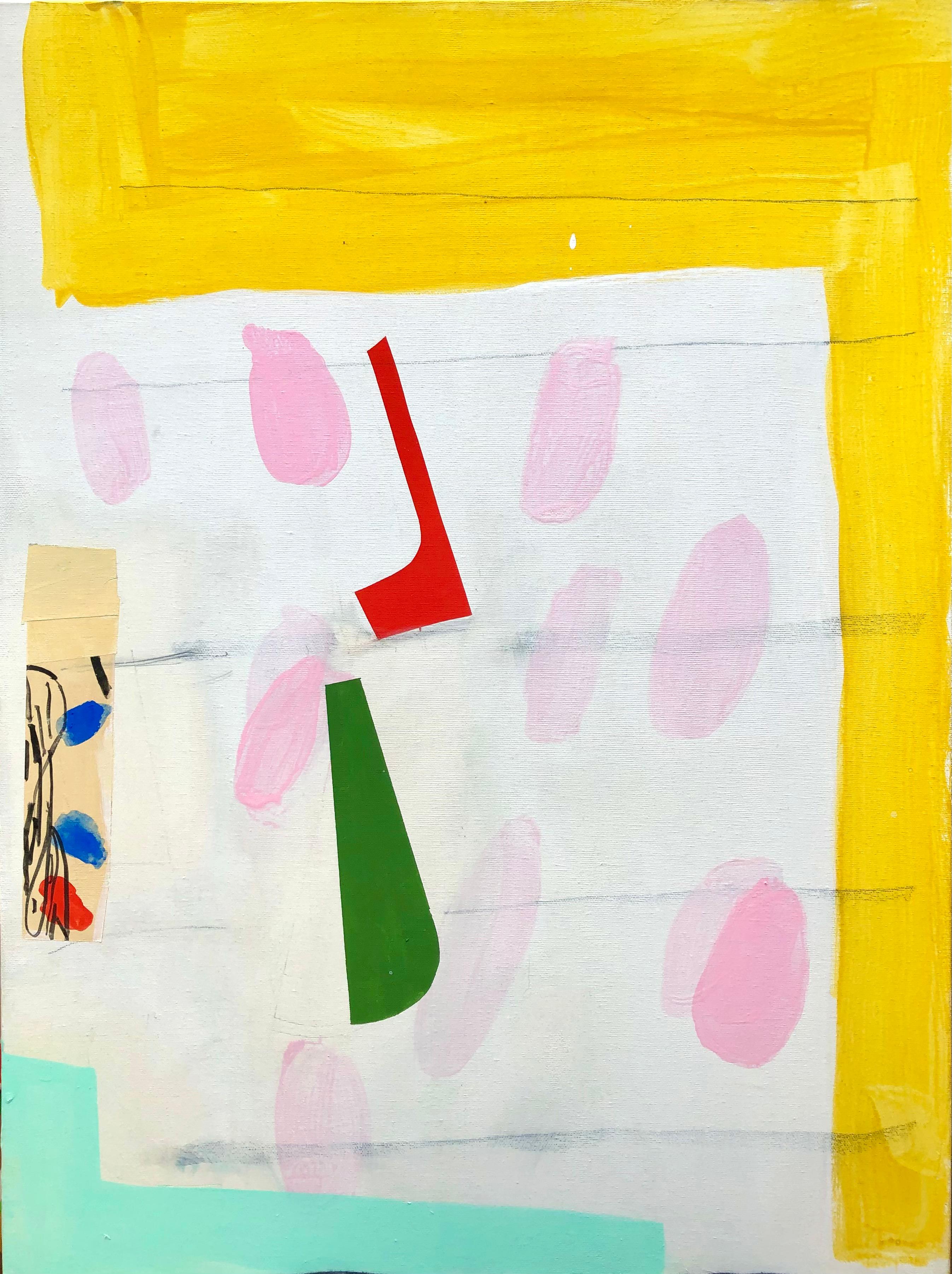 Margo Margolis Abstract Painting - "High Dose"  Bright Color Abstraction Playful Matisse/Calder Qualites Yellow/Red