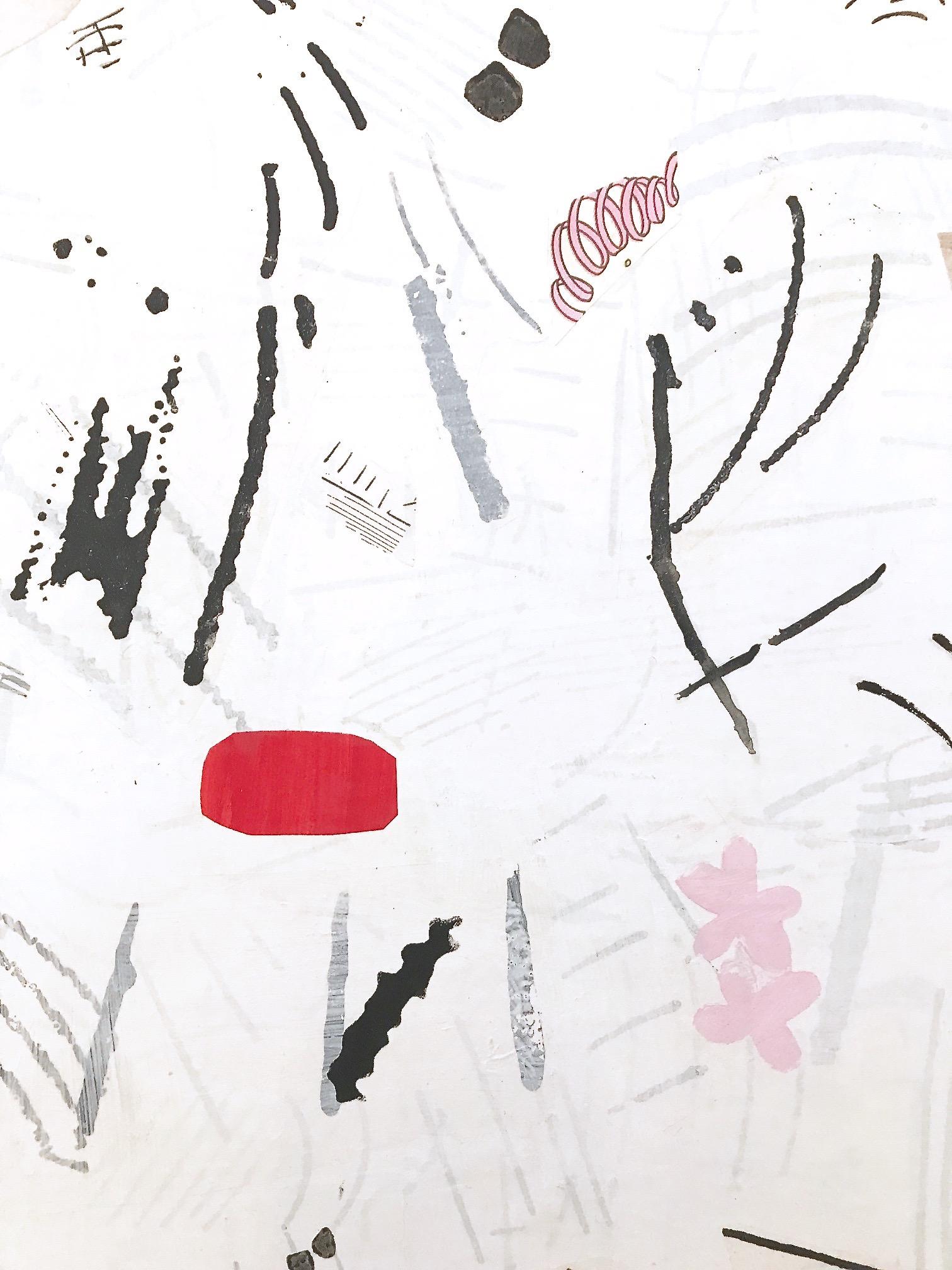 „Ein Morgen im April“   Große Abstraktion von Schwarz, Weiß, Rosa, Rot, Tan und Teal Blau, Flashe und Collage auf Leinwand, 72 x 60 Zoll.  

Dieses Gemälde hat eine sehr ausgefeilte Sensibilität, da es rein abstrakt ist und aus mehreren Schichten