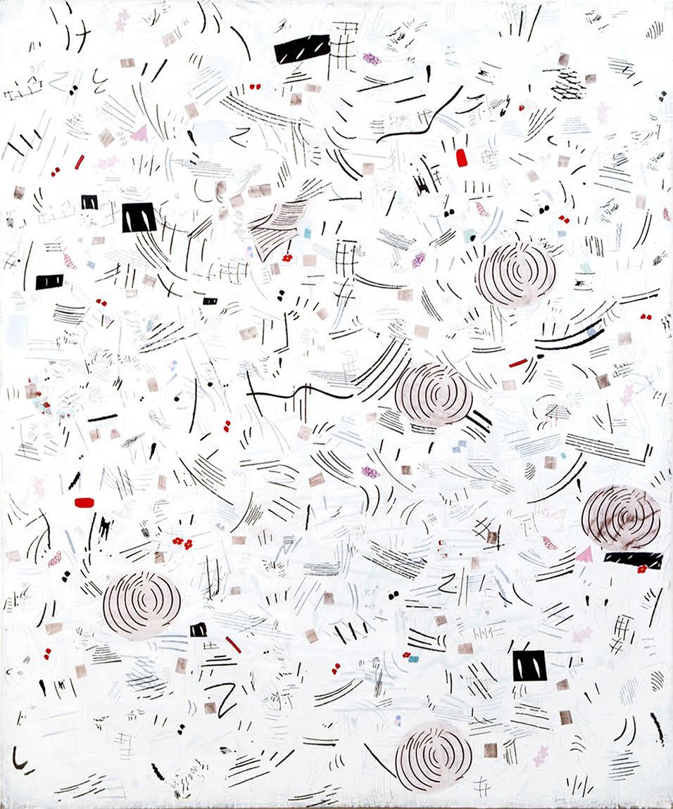 Margo Margolis Abstract Painting - "One Morning in April"  Large Abstraction, Pop Sensibility, Black, White, Pink