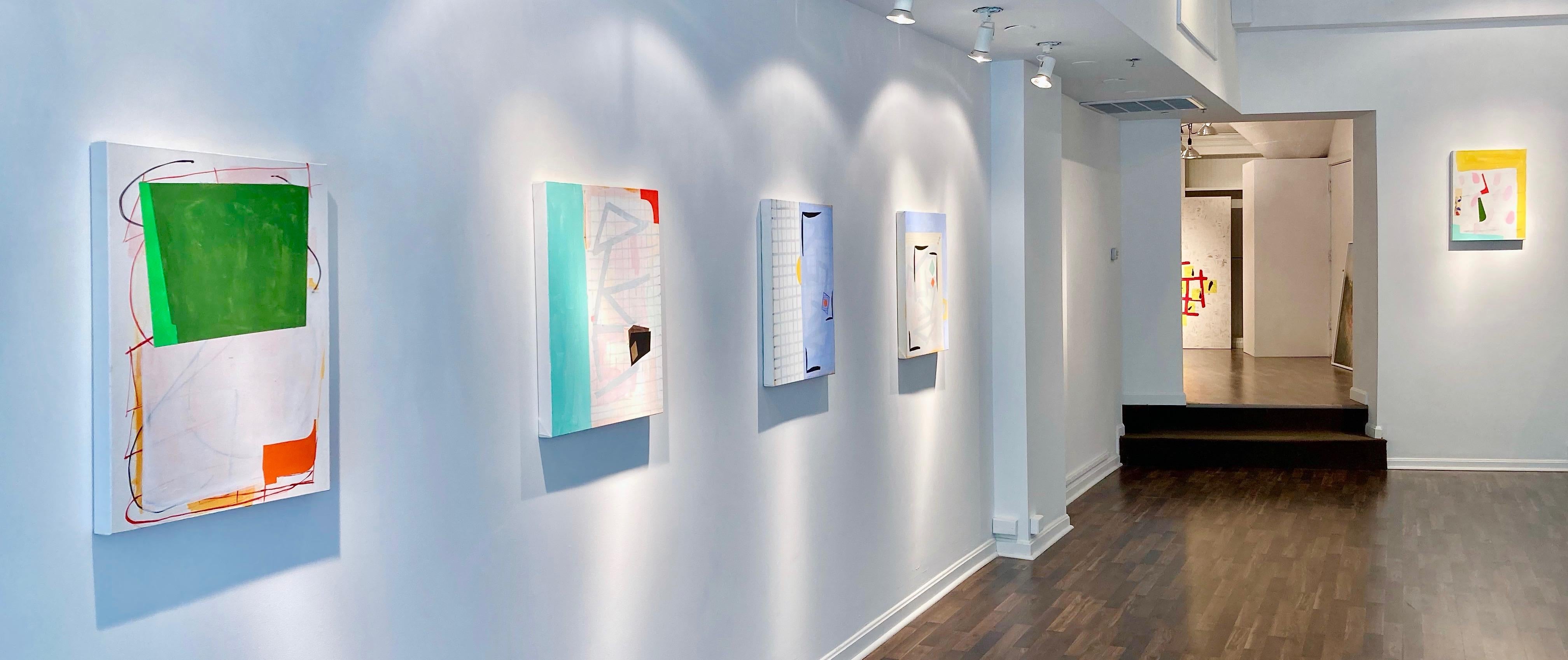 Questa astrazione dell'artista di New York Margo Margolis ha una sensibilità molto sofisticata e giocosa.   colore brillante e intenso (verde scuro, verde brillante, arancione, giallo, nero e bianco)  - l'attributo significativo del medium flashe