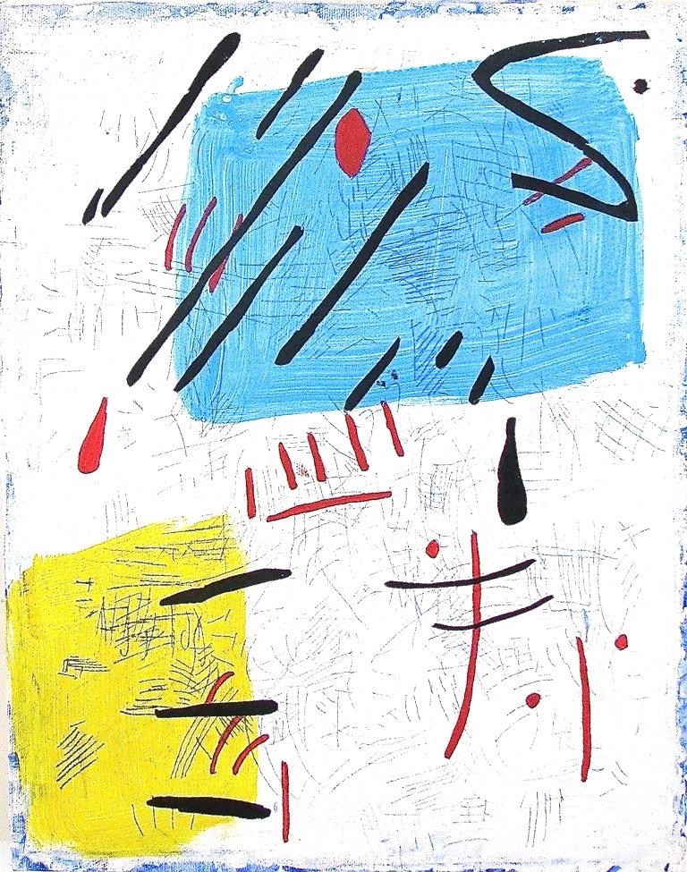 Margo Margolis Abstract Painting - "Page 4"  Small Abstraction in White, Blue, Yellow and Red