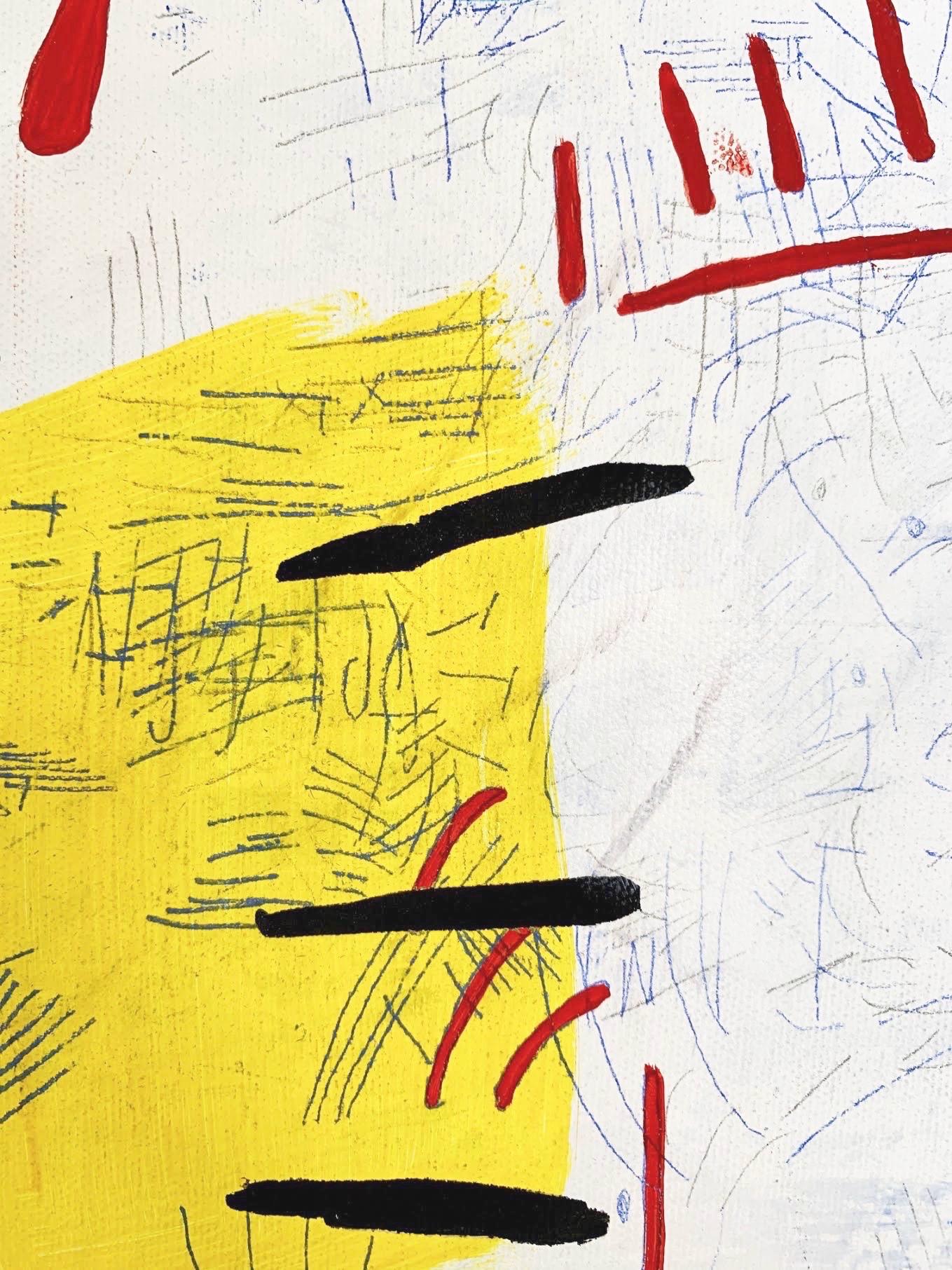 « page 4 »  Petite abstraction en blanc, bleu, jaune et rouge - Painting de Margo Margolis