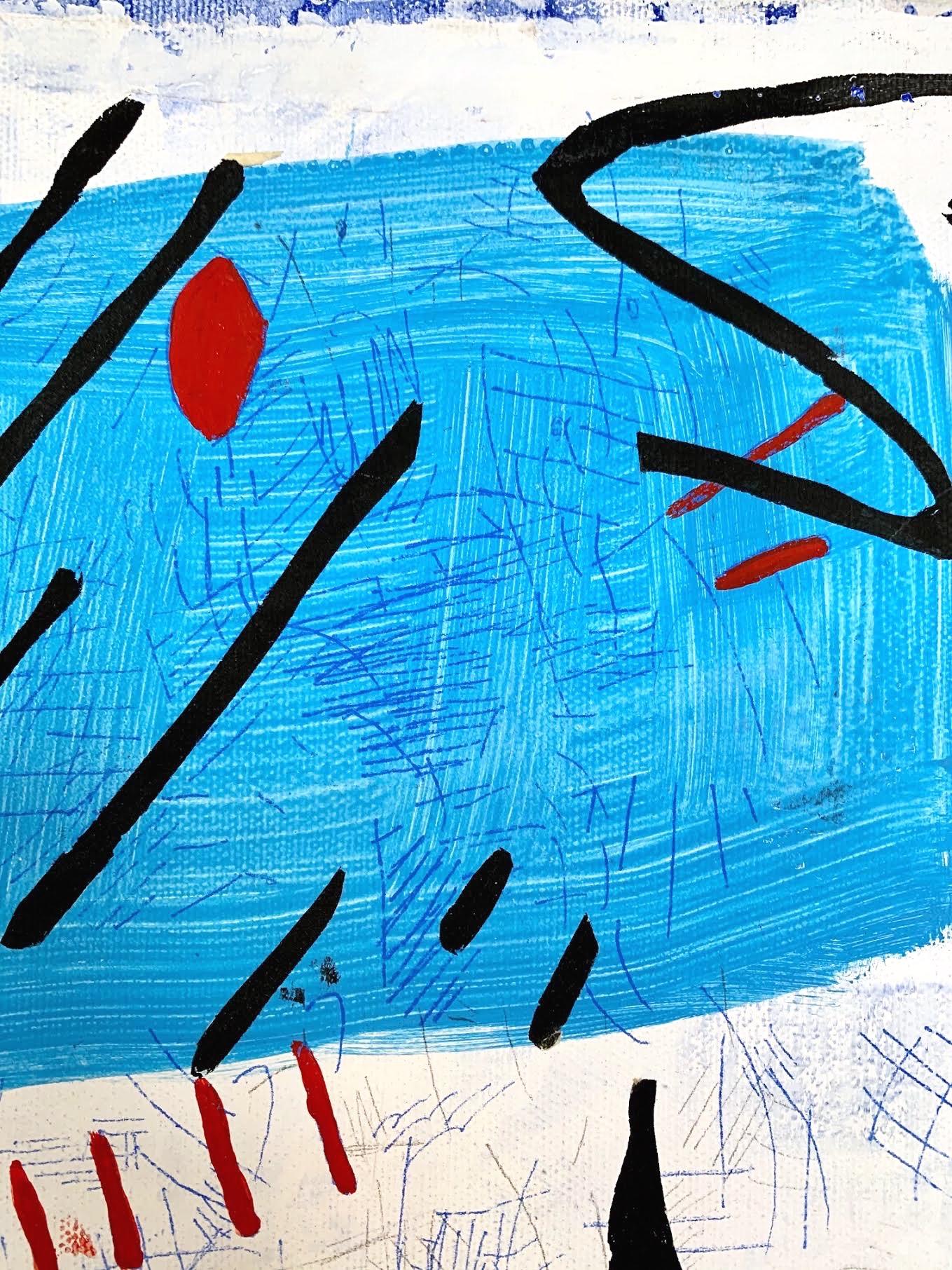 « page 4 »  Petite abstraction en blanc, bleu, jaune et rouge - Abstrait Painting par Margo Margolis