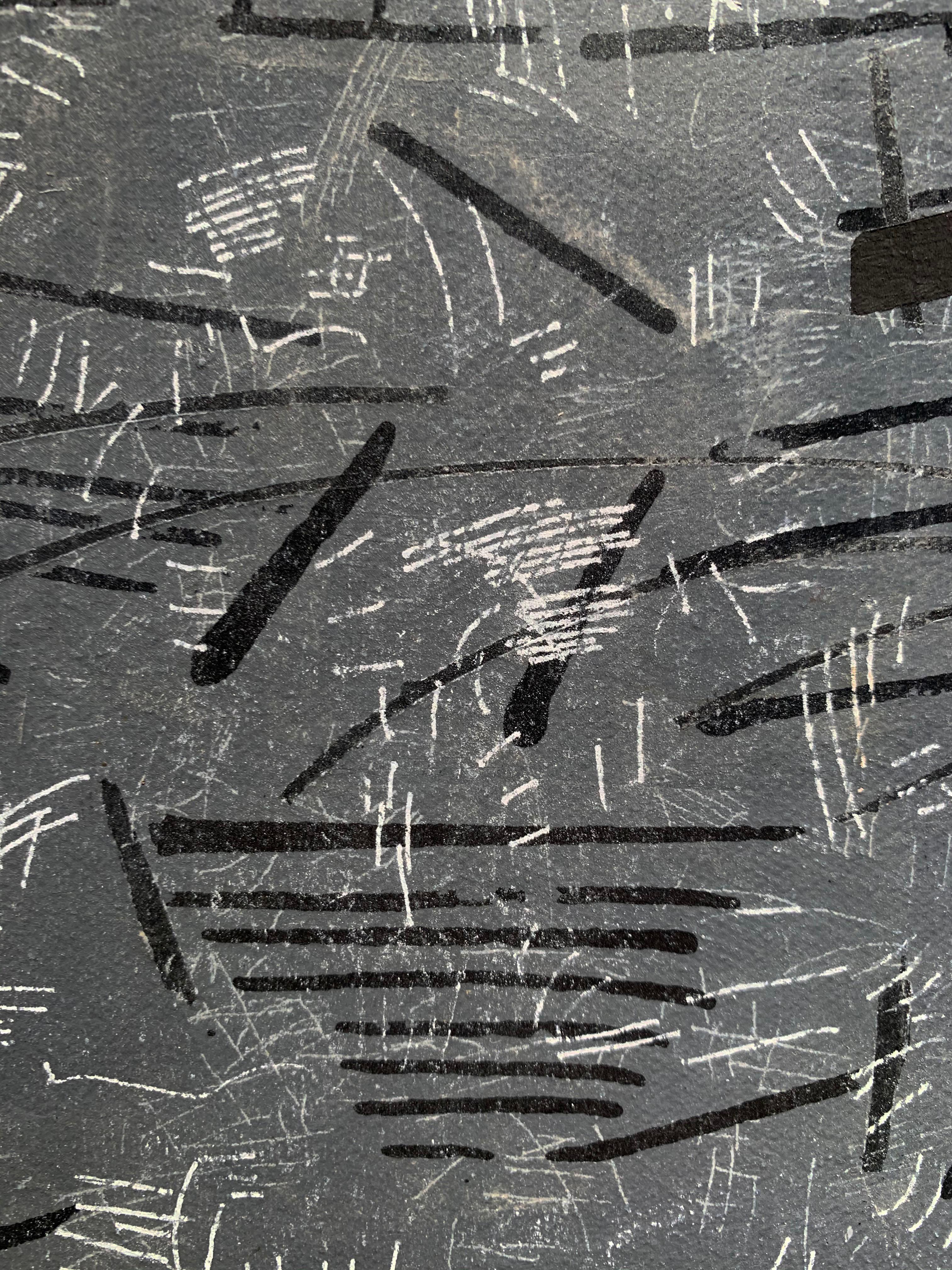 Abstraktes geometrisches Ölgemälde in Kalbsleder, spielerisches Grau, Seite 8 – Painting von Margo Margolis