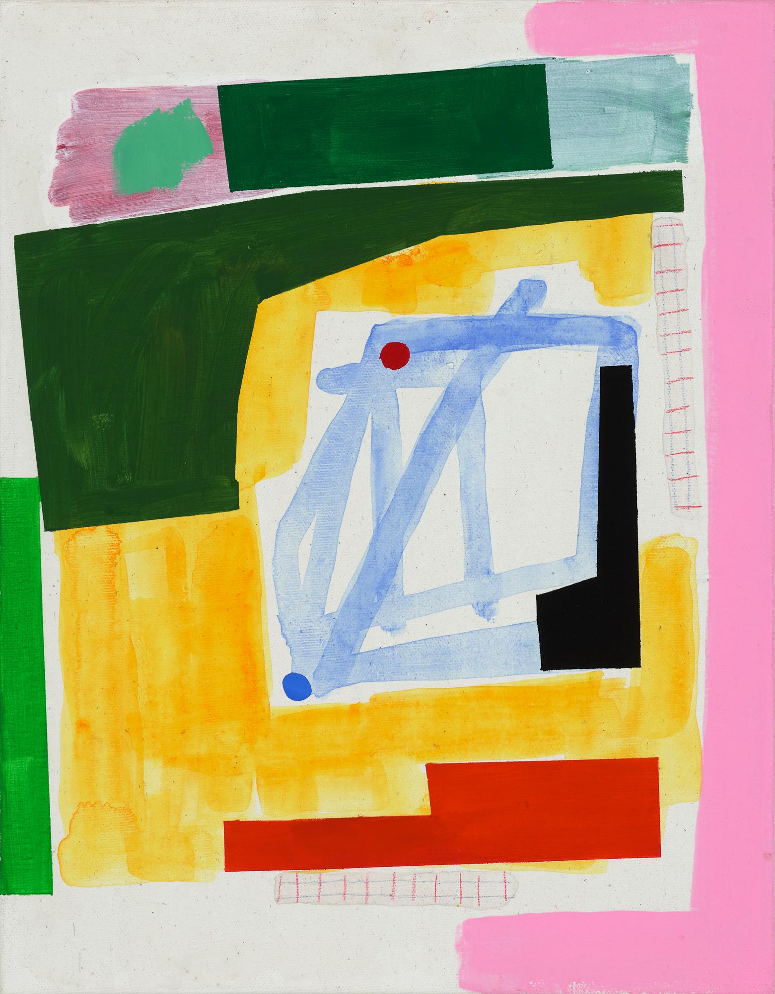 Margo Margolis Abstract Painting - "Perfect Day: Small Abstraction of Green, Yellow, Blue, Red, and Pink"