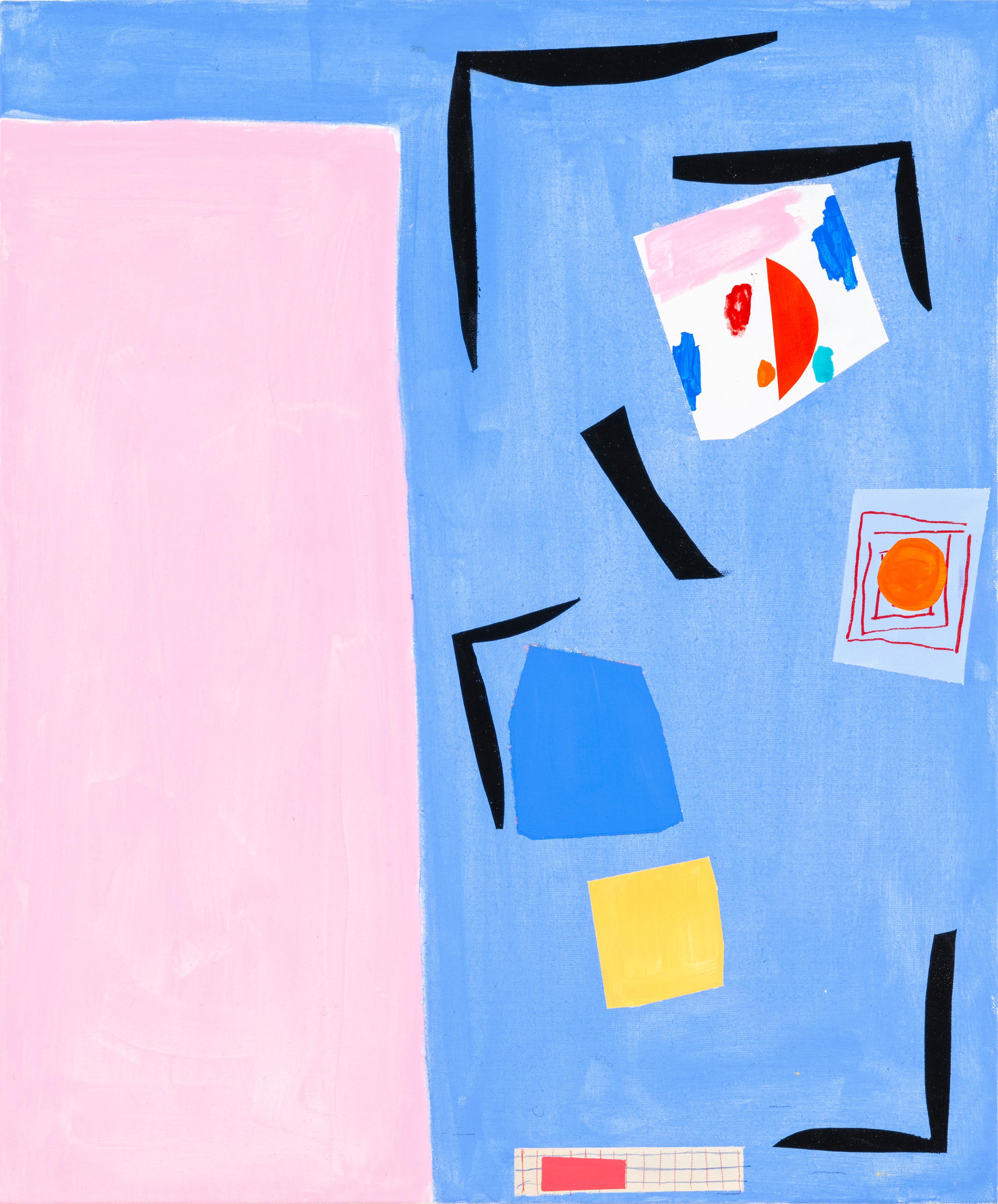 Margo Margolis Abstract Painting - "Studio" Playful Matisse-like Abstraction Blue, Pink, Red, Yellow, Black, White
