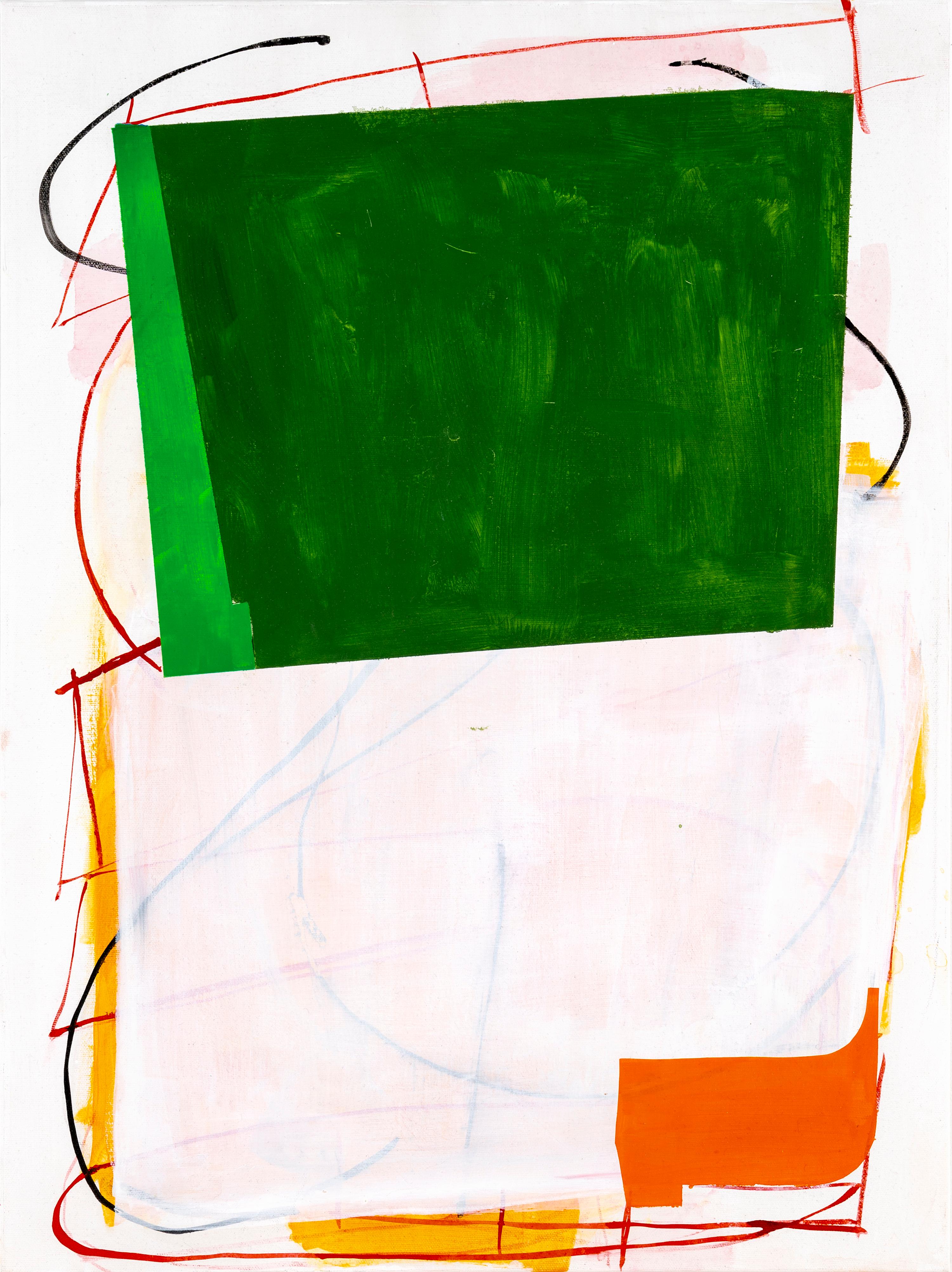 Margo Margolis Abstract Painting - "White and Green" Playful/Sophisticated Abstract Matisse Calder Qualities Orange