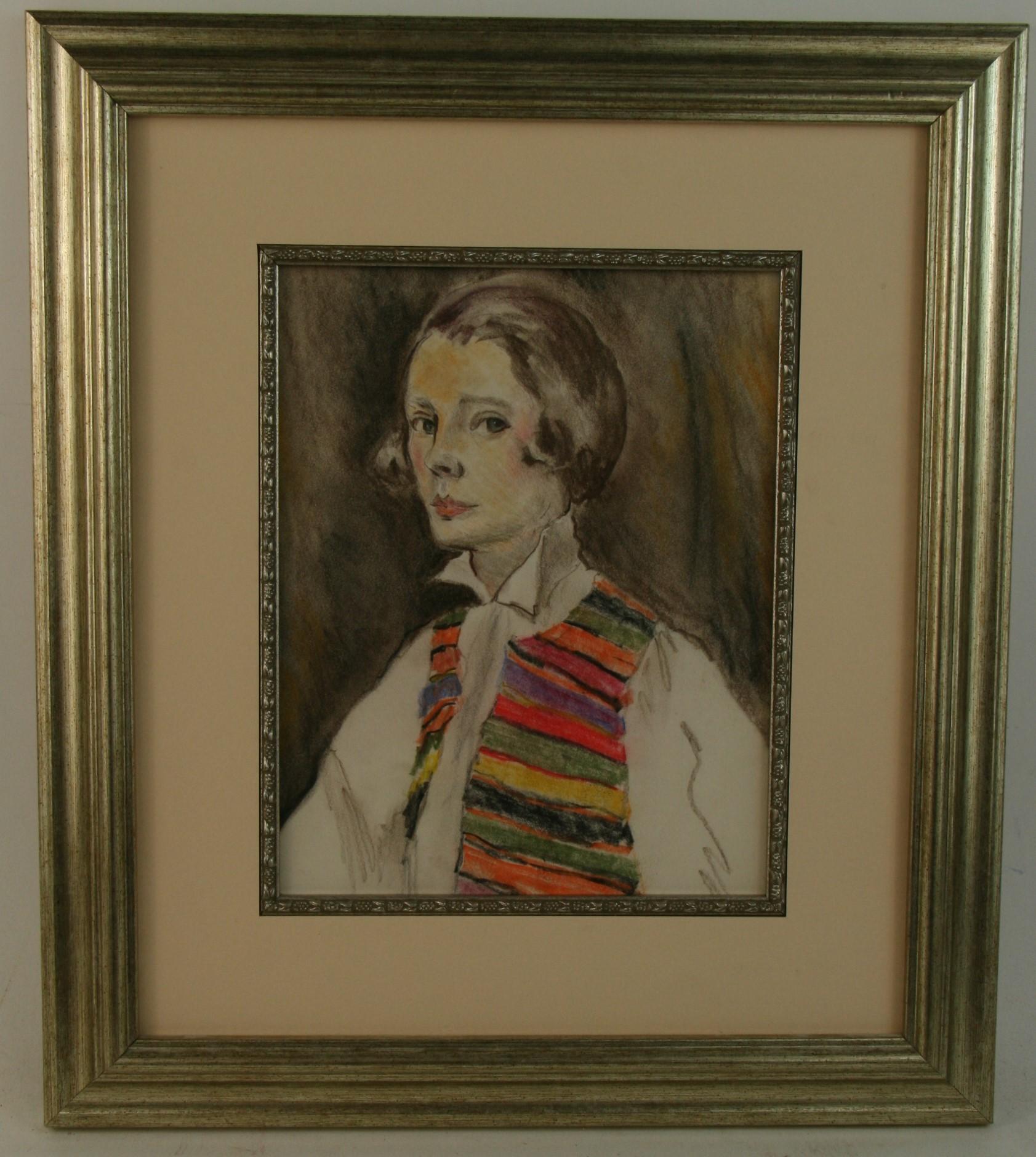Mid Century Woman with Colorful Vest Mixed Media 1960's - Painting by Margo