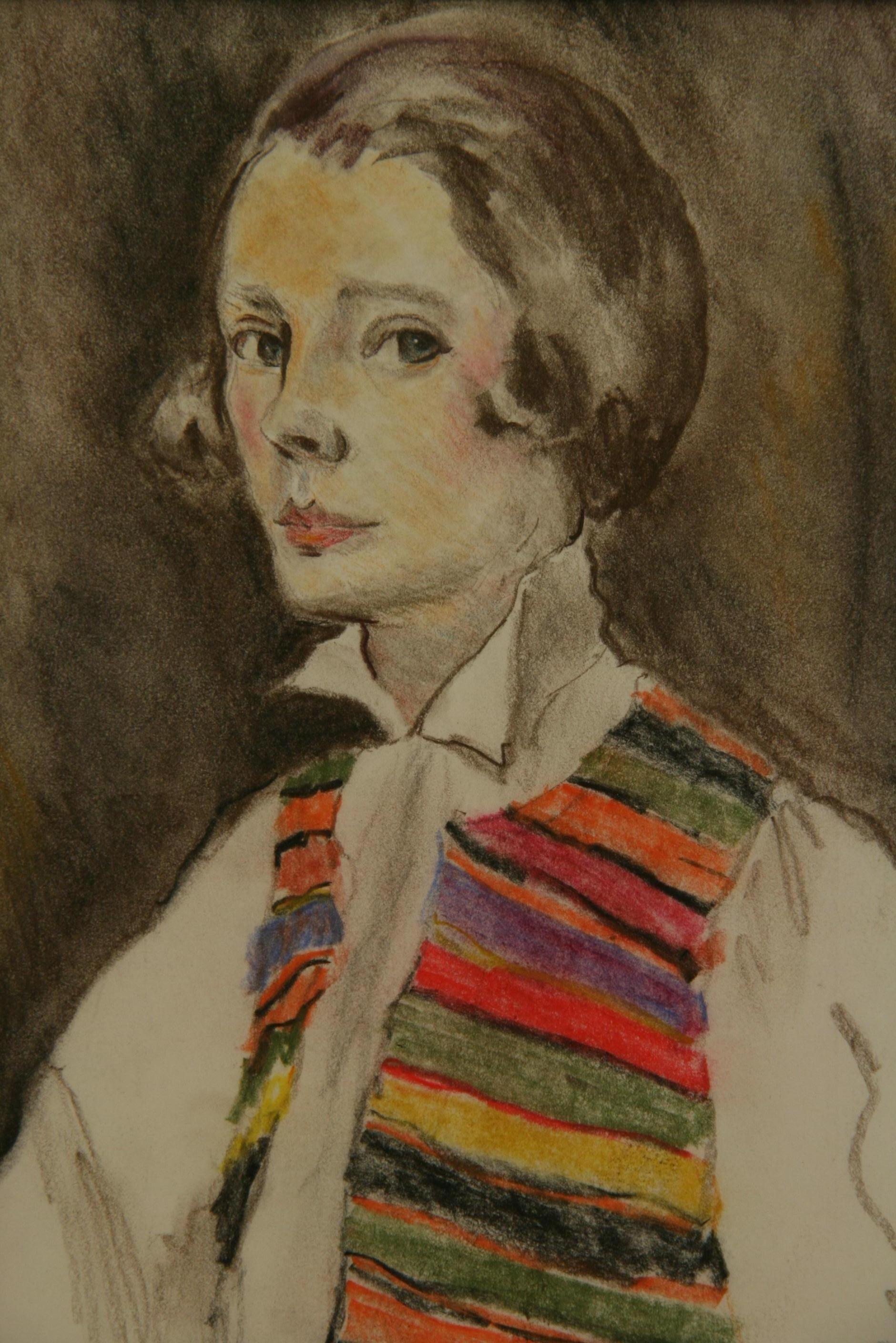 Donna di metà secolo con gilet colorato, tecnica mista anni '60 - Figurative Painting Marrone di Margo