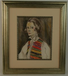 Woman with Colorful Vest Mixed Media Painting, Framed, 1960s, 9.5x7.5"