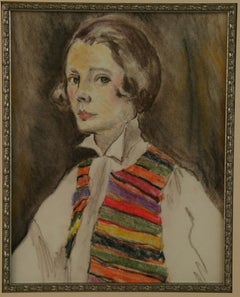 Woman with Colorful Vest Mixed Media Painting, Framed, 1960s, 9.5x7.5"