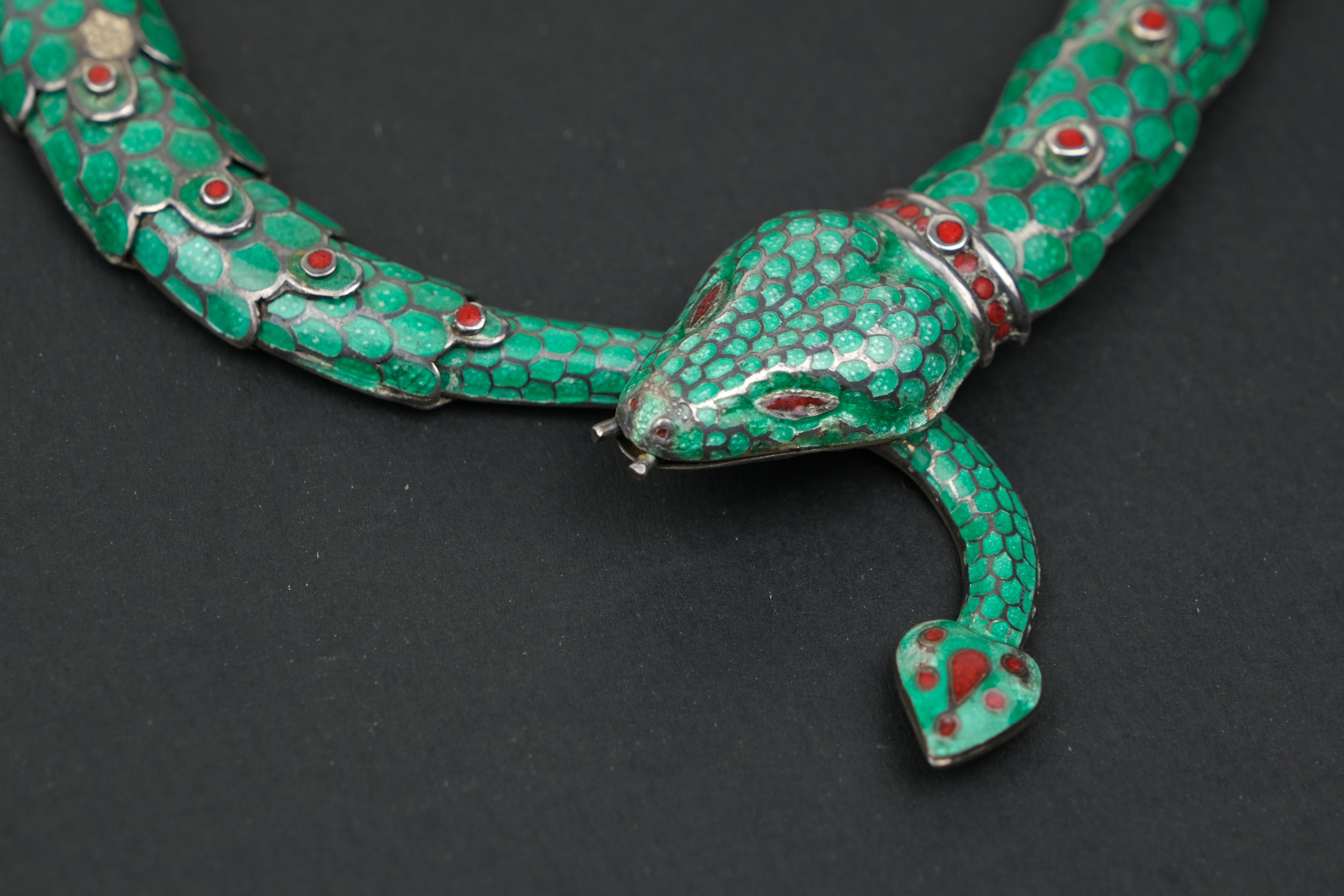 Margot De Taxco Champlevé Serpent Necklace and Bracelet Set Green 3