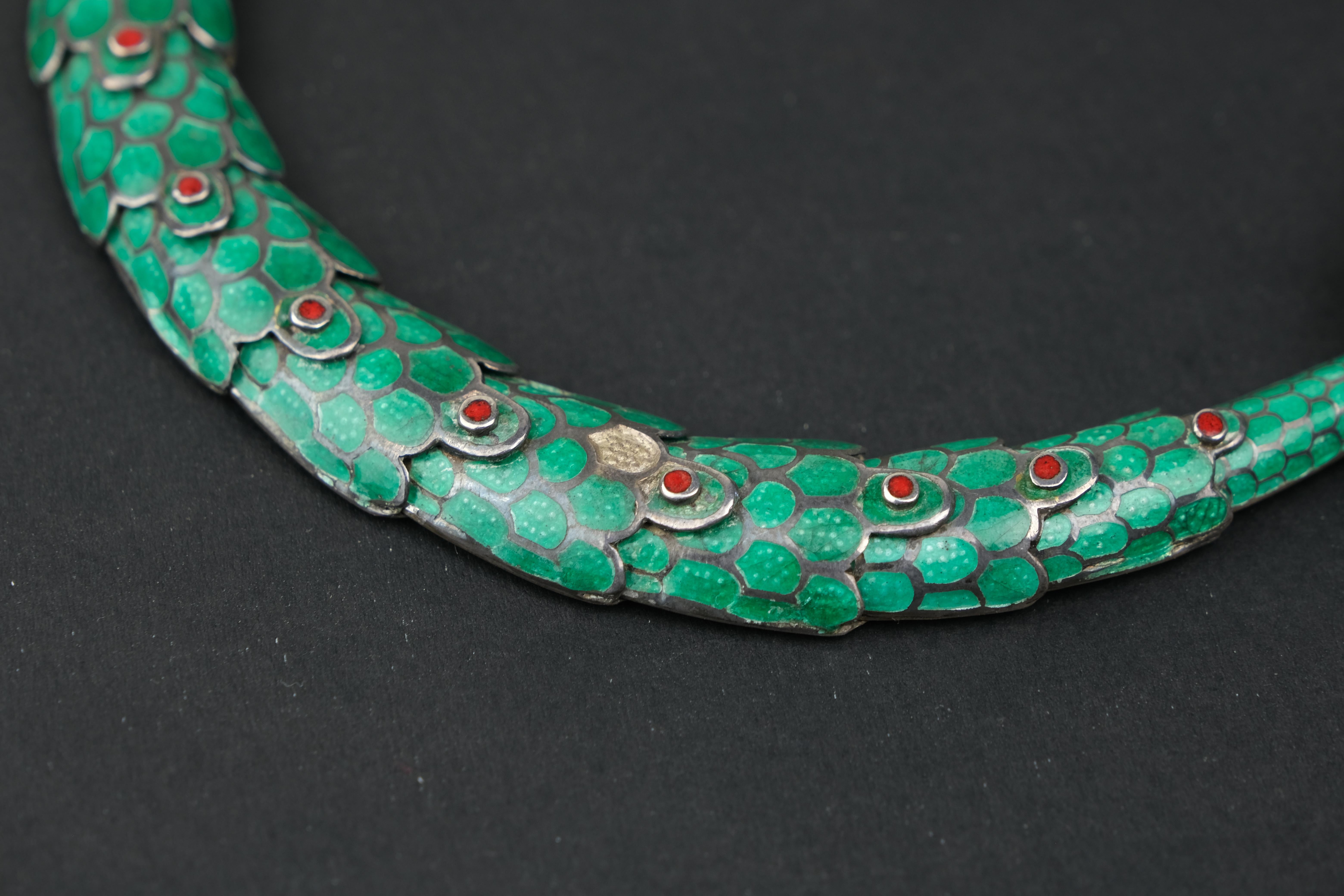 Margot De Taxco Champlevé Serpent Necklace and Bracelet Set Green 4