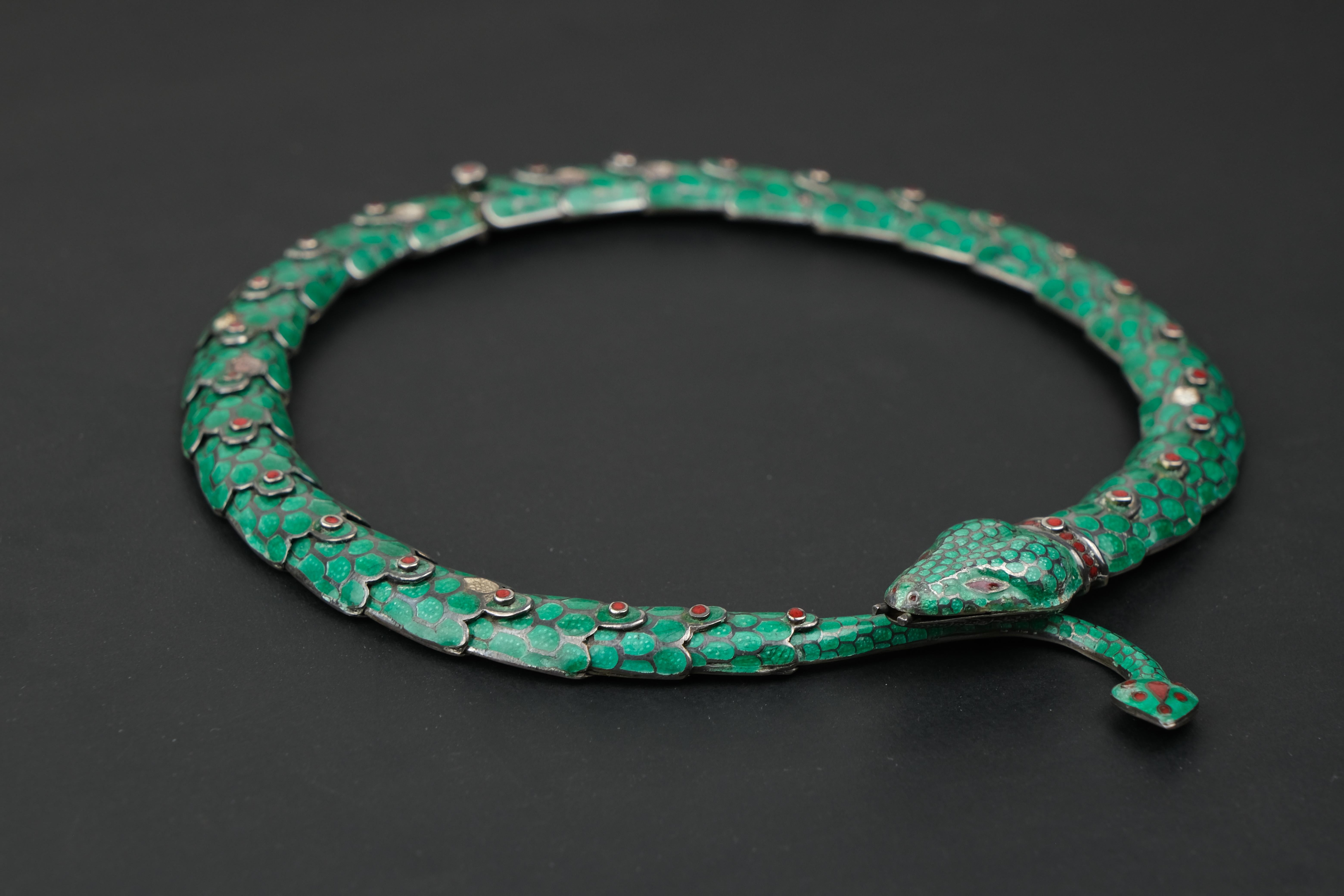 Margot De Taxco Champlevé Serpent Necklace and Bracelet Set Green 5