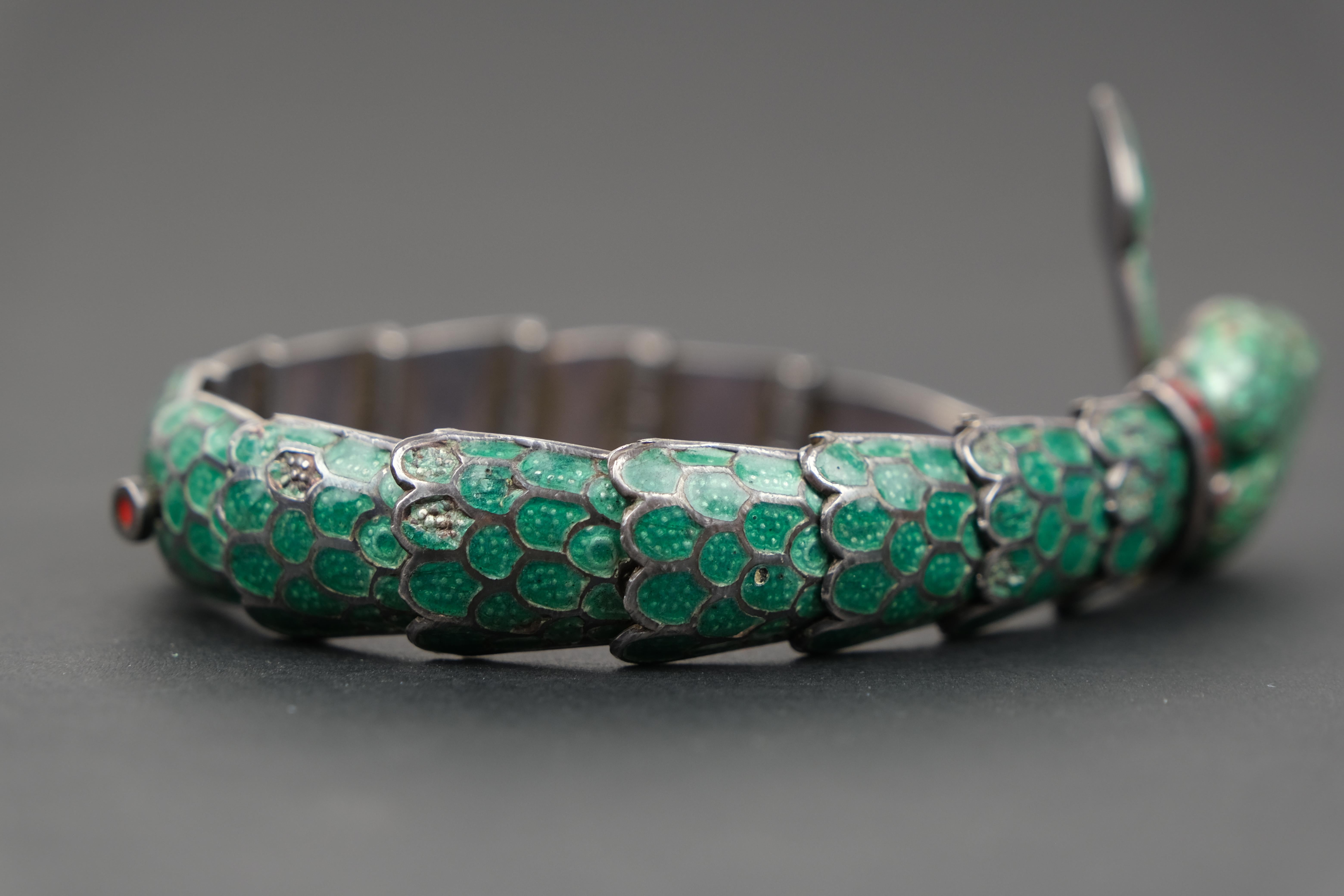 Margot De Taxco Champlevé Serpent Necklace and Bracelet Set Green 11