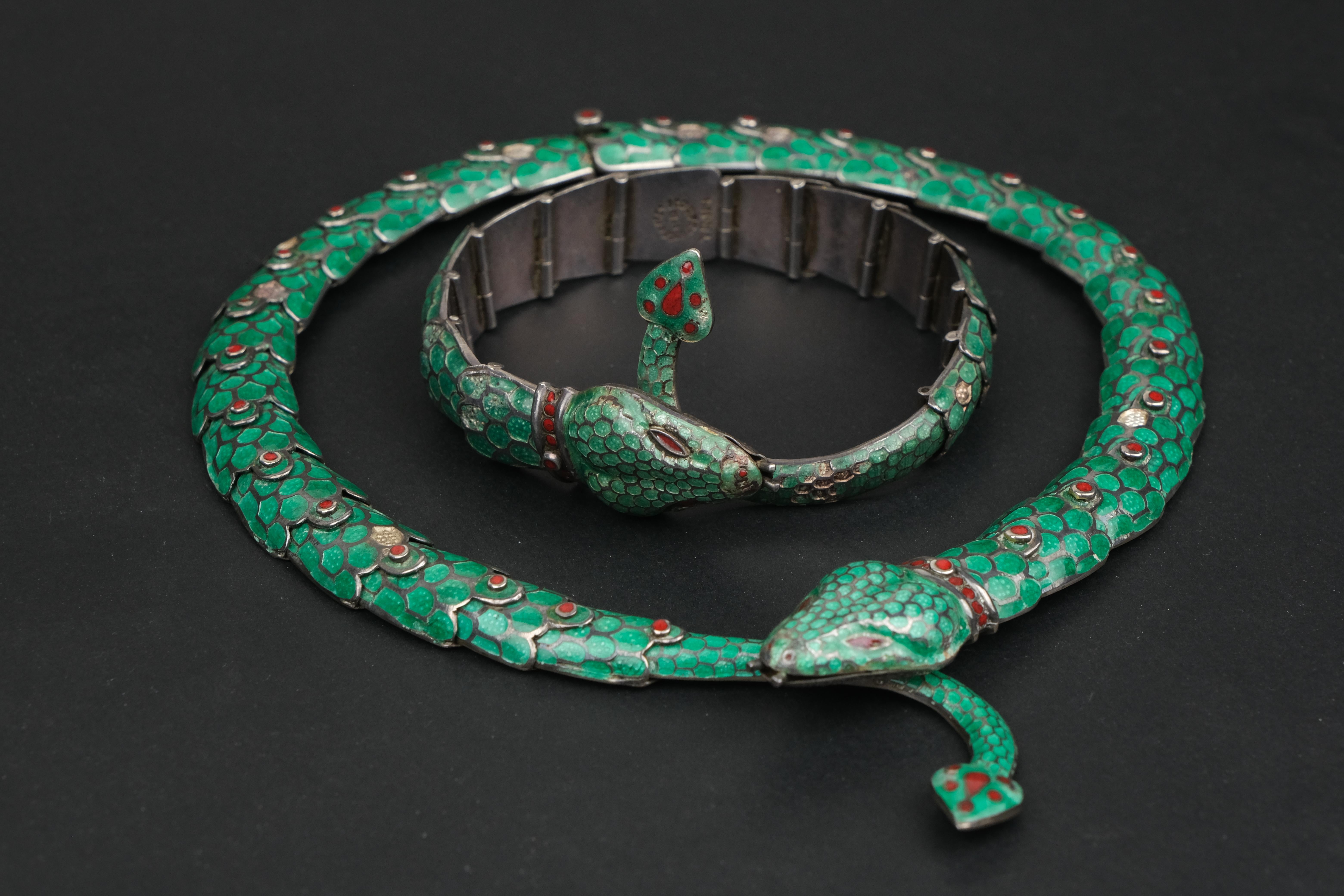 Margot De Taxco Champlevé Serpent Necklace and Bracelet Set Green 1