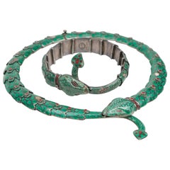 Margot De Taxco Champlevé Serpent Necklace and Bracelet Set Green