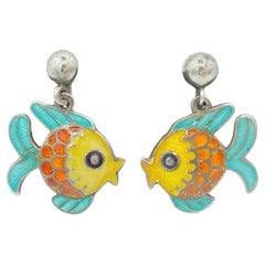 Margot De Taxco Orecchini a cerchio con pesce in argento sterling e smalto con chiusura a vite