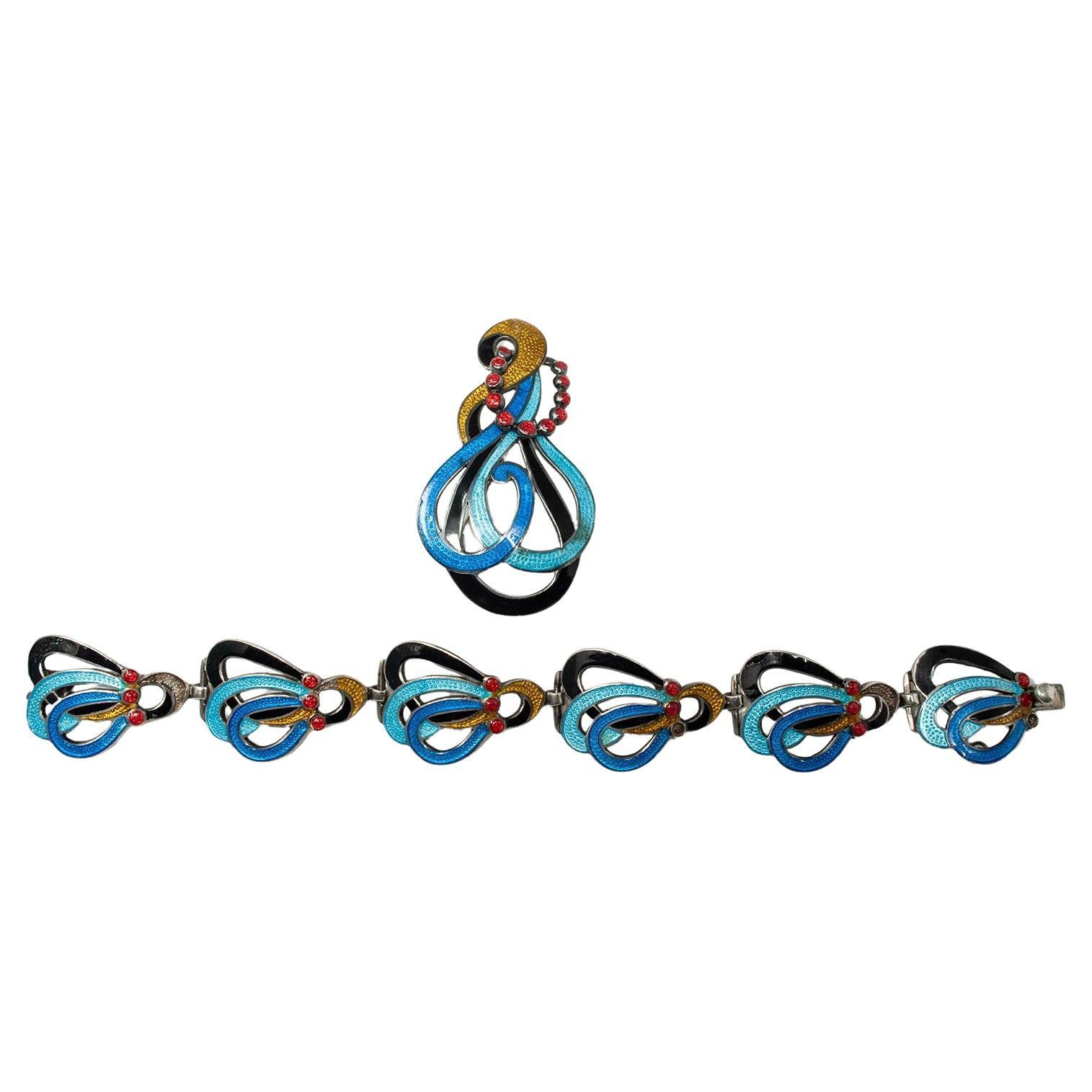 Margot de Taxco Cloisonne Bracelet and Brooch Set