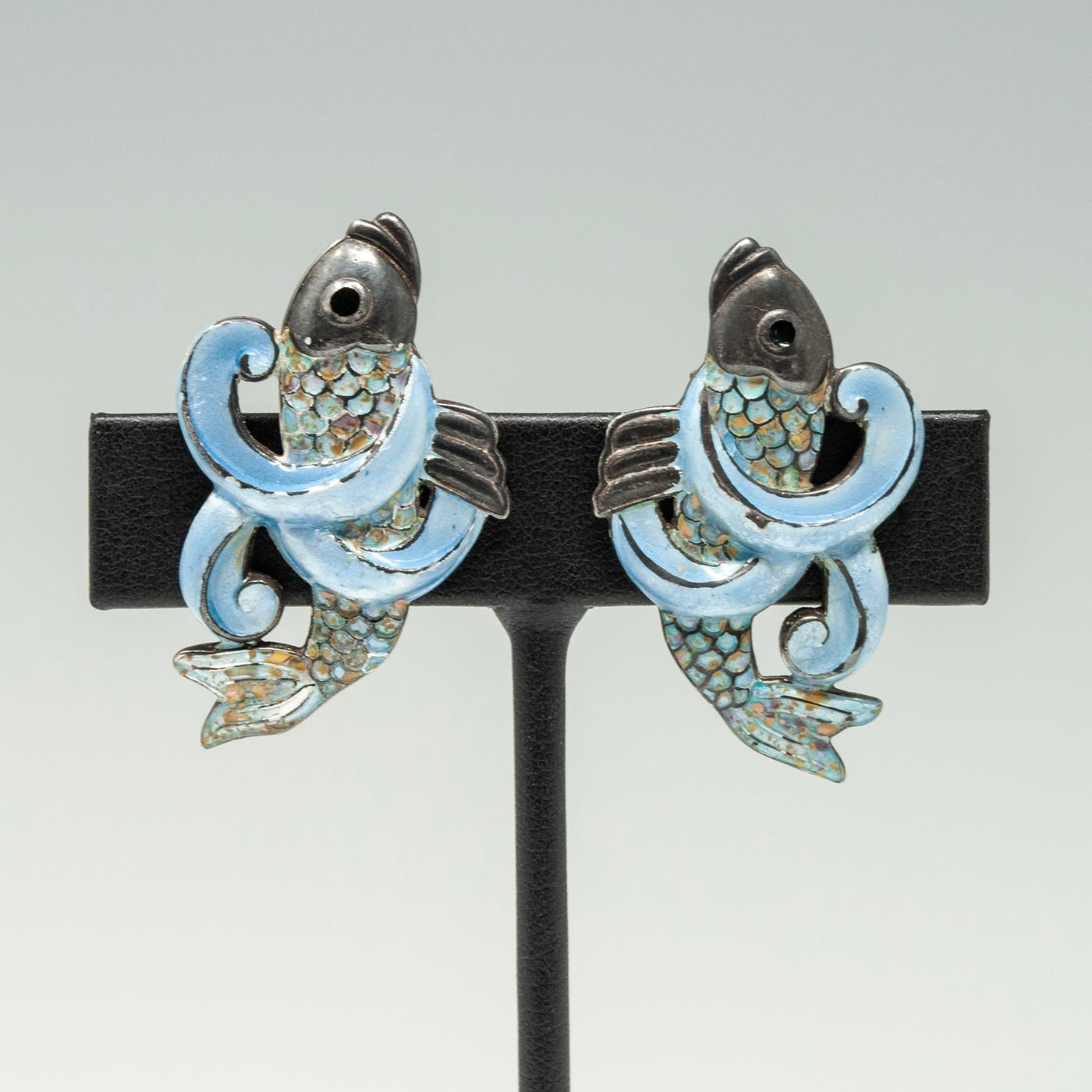 Margot de Taxco Cloisonne Fish Earrings Artesano en venta