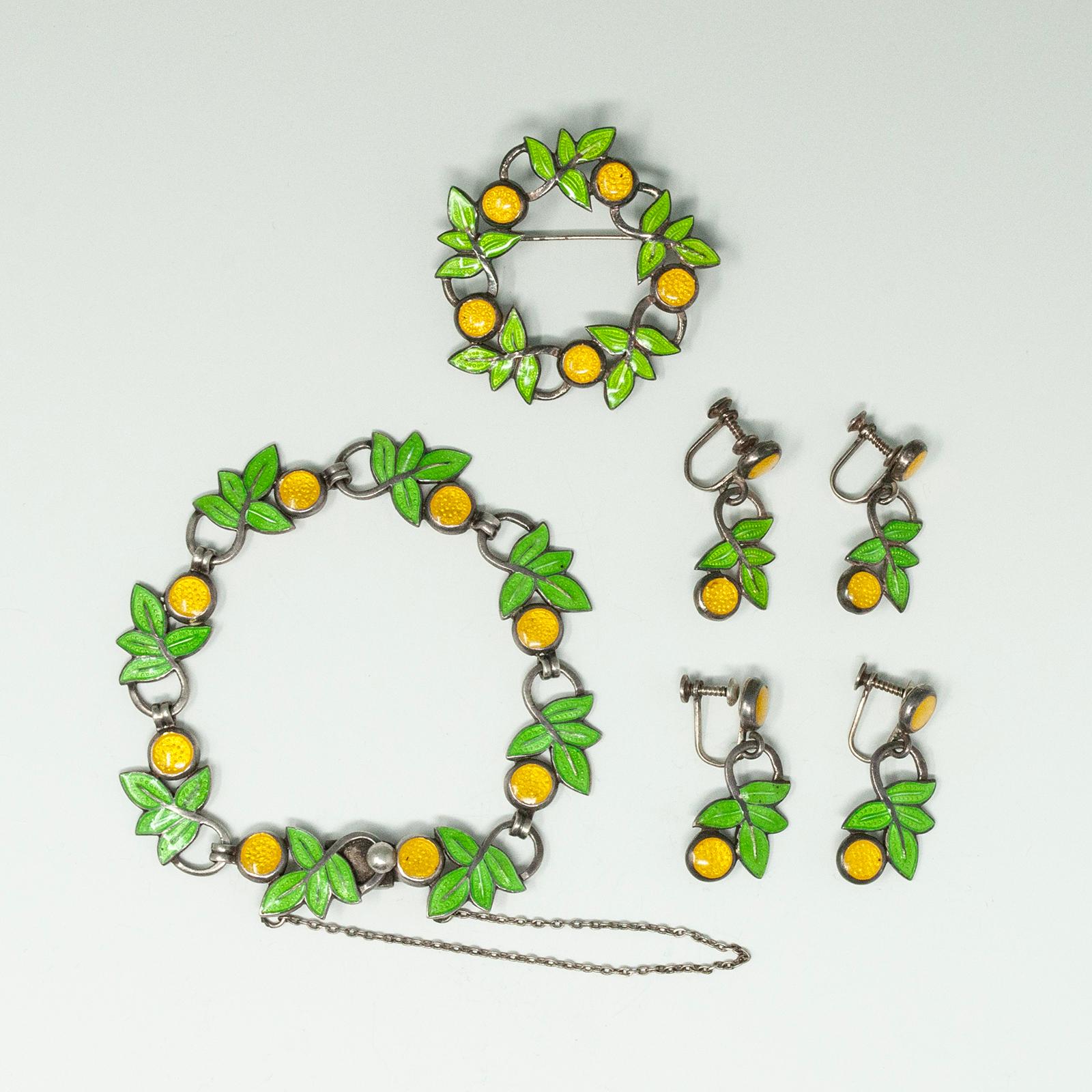Stunning rare find Enamel Guilloche 925 sterling silver bracelet, brooch and 2 pair of earrings set by Margot de Taxco. All pieces hallmarked, made in Mexico, design #5614. Bracelet has a box clasp closure and safety chain and is in perfect working