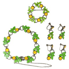 Margot de Taxco Cloisonne Lemon Bracelet, Brooch and Two Earrings Set