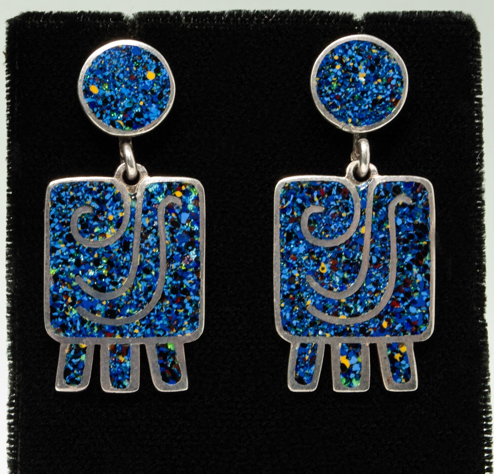 Artisan Margot de Taxco Enamel and Silver Bracelet and Earring Set For Sale