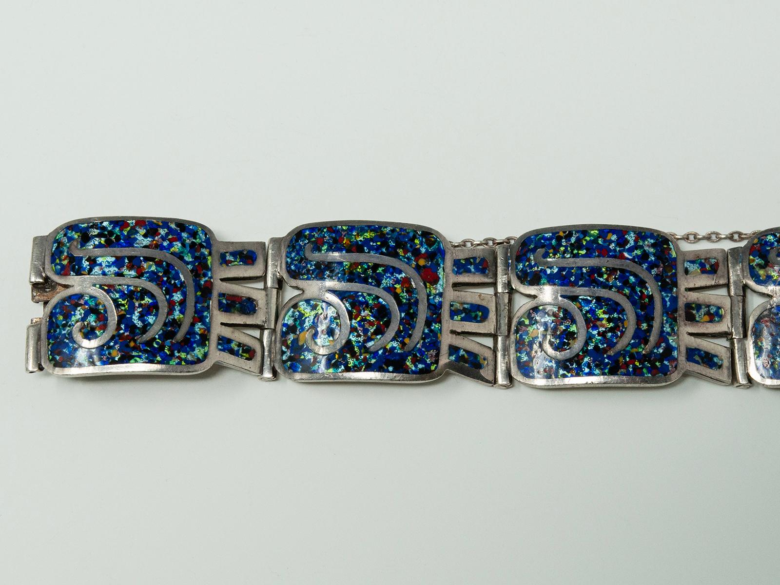 Margot de Taxco Enamel and Silver Bracelet and Earring Set In Good Condition For Sale In Point Richmond, CA