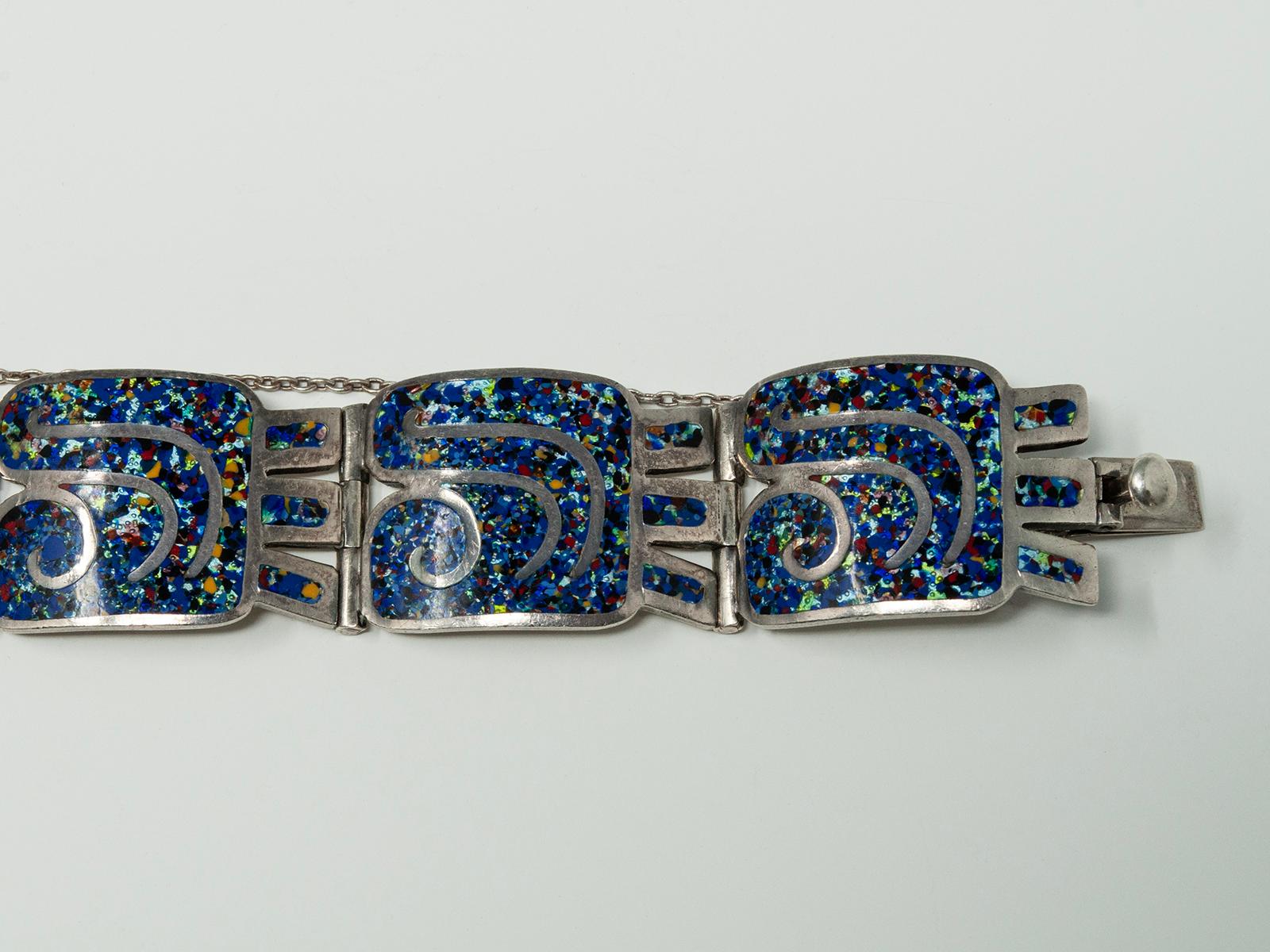 Women's Margot de Taxco Enamel and Silver Bracelet and Earring Set For Sale