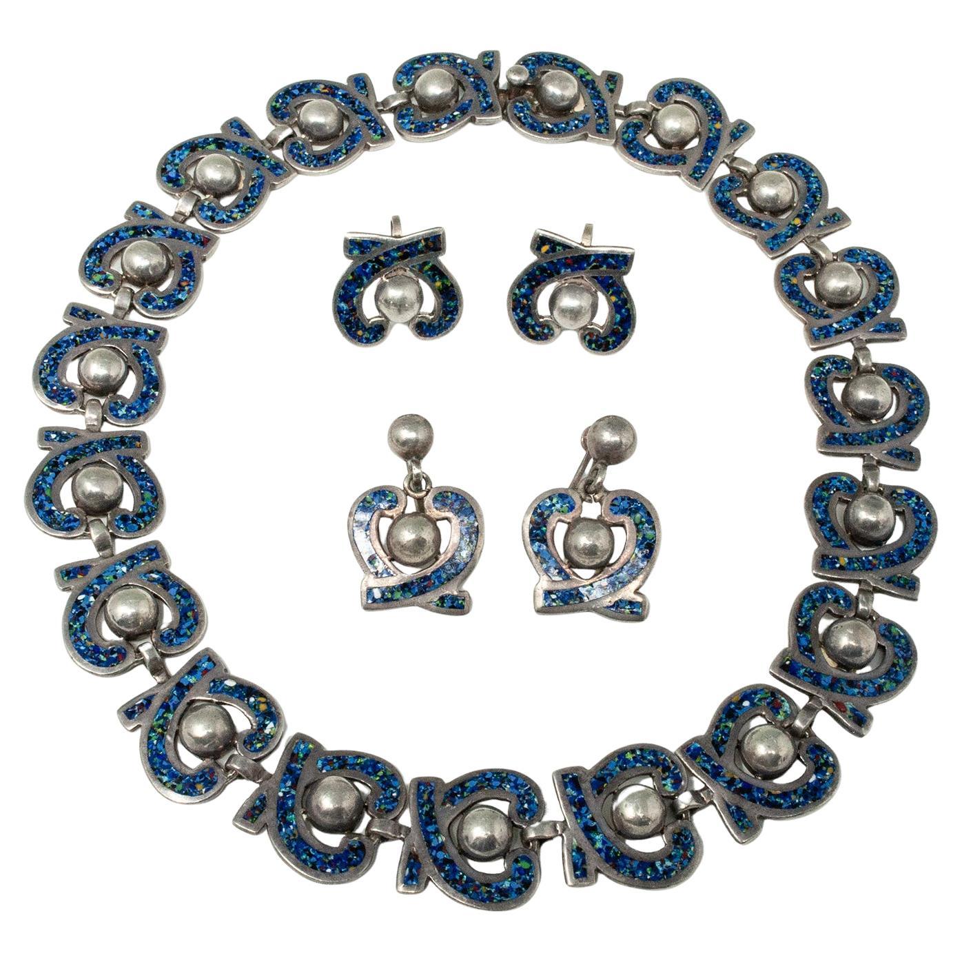 Margot De Taxco Collier en émail et argent et deux paires de boucles d'oreilles en vente