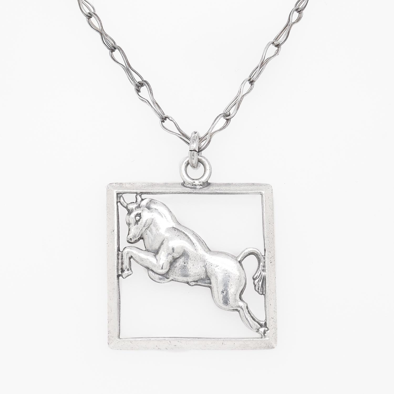 Margot de Taxco Mexican Sterling Silver Astrological Taurus Pendant Necklace In Good Condition For Sale In Philadelphia, PA