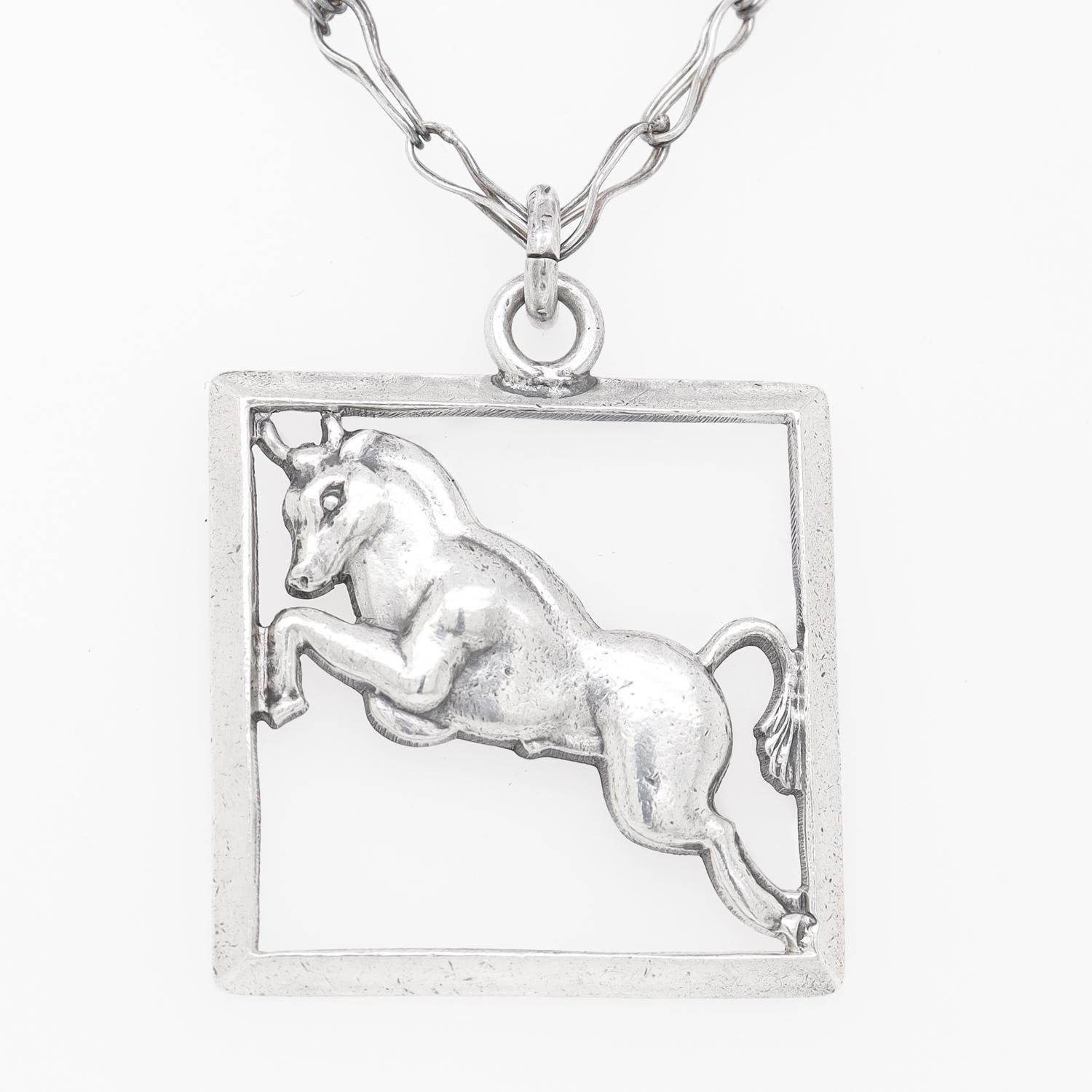 Margot de Taxco Mexican Sterling Silver Astrological Taurus Pendant Necklace For Sale 1