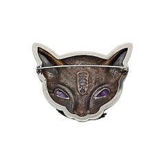 Margot de Taxco Mexico Sterling Silver Amethyst Eyes Cat Face Pin/Brooch #19779