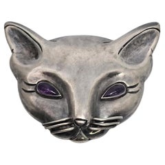 Margot De Taxco Mexico Sterling Silber Amethyst Augen Katze Gesicht Pin/Brosche #19779