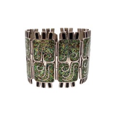 Margot de Taxco Mexico Sterling Silver Green Enamel Panel Bracelet 5404 #19100