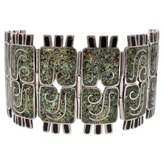 Margot De Taxco Mexico Bracciale con pannello in argento sterling e smalto verde 5404 #19100