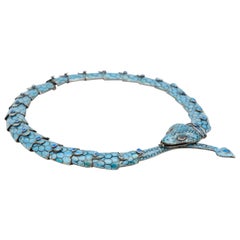 Margot De Taxco "Serpent" Sterling Silver Champlevé Enamel Necklace Blue
