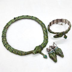 Margot de Taxco Snake Green Enamel Sterling Silver Necklace Bracelet Earrings