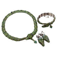 Margot de Taxco Snake Green Enamel Sterling Silver Necklace Bracelet Earrings
