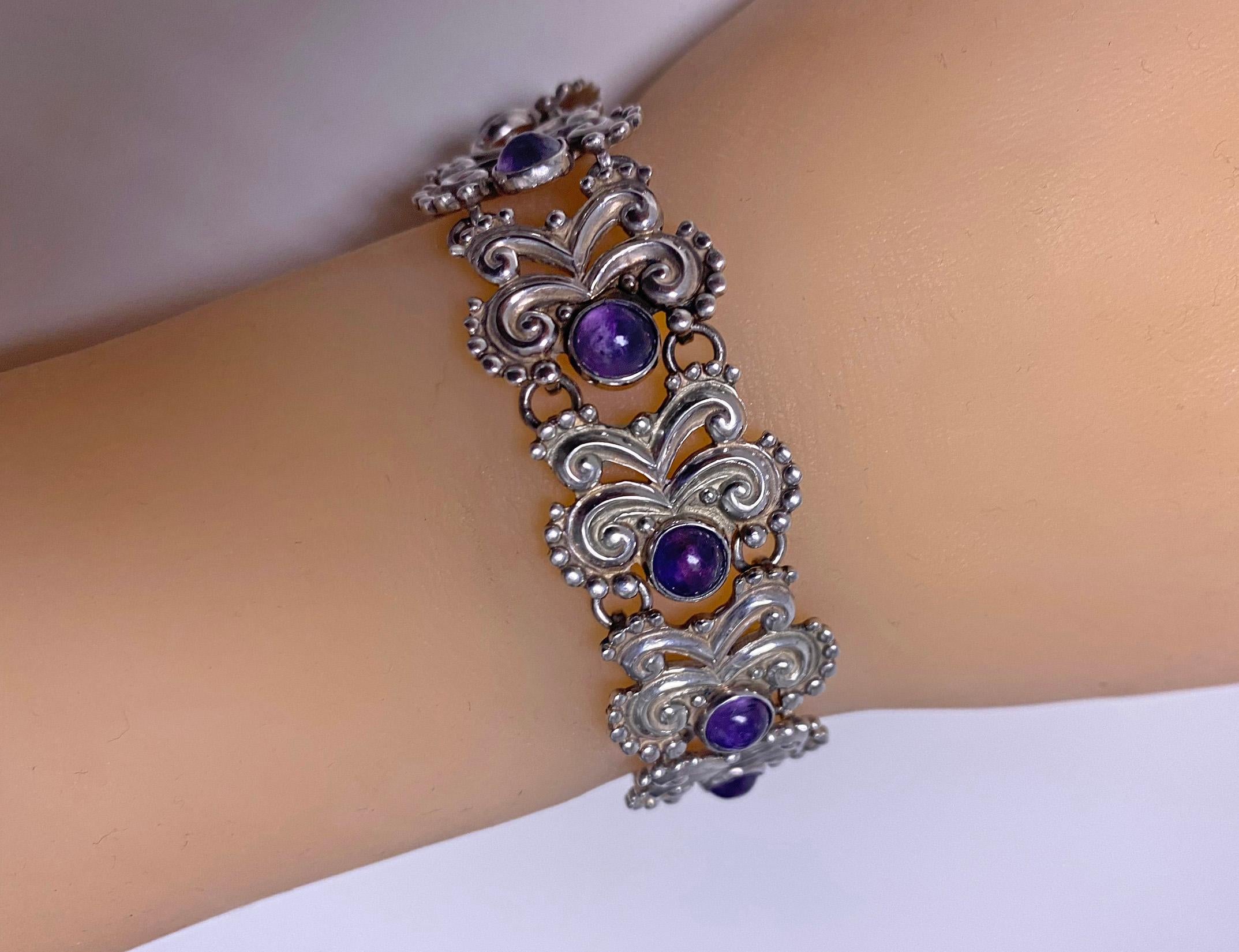 Women's or Men's Margot de Taxco Sterling Silver Amethyst Bracelet, C.1960