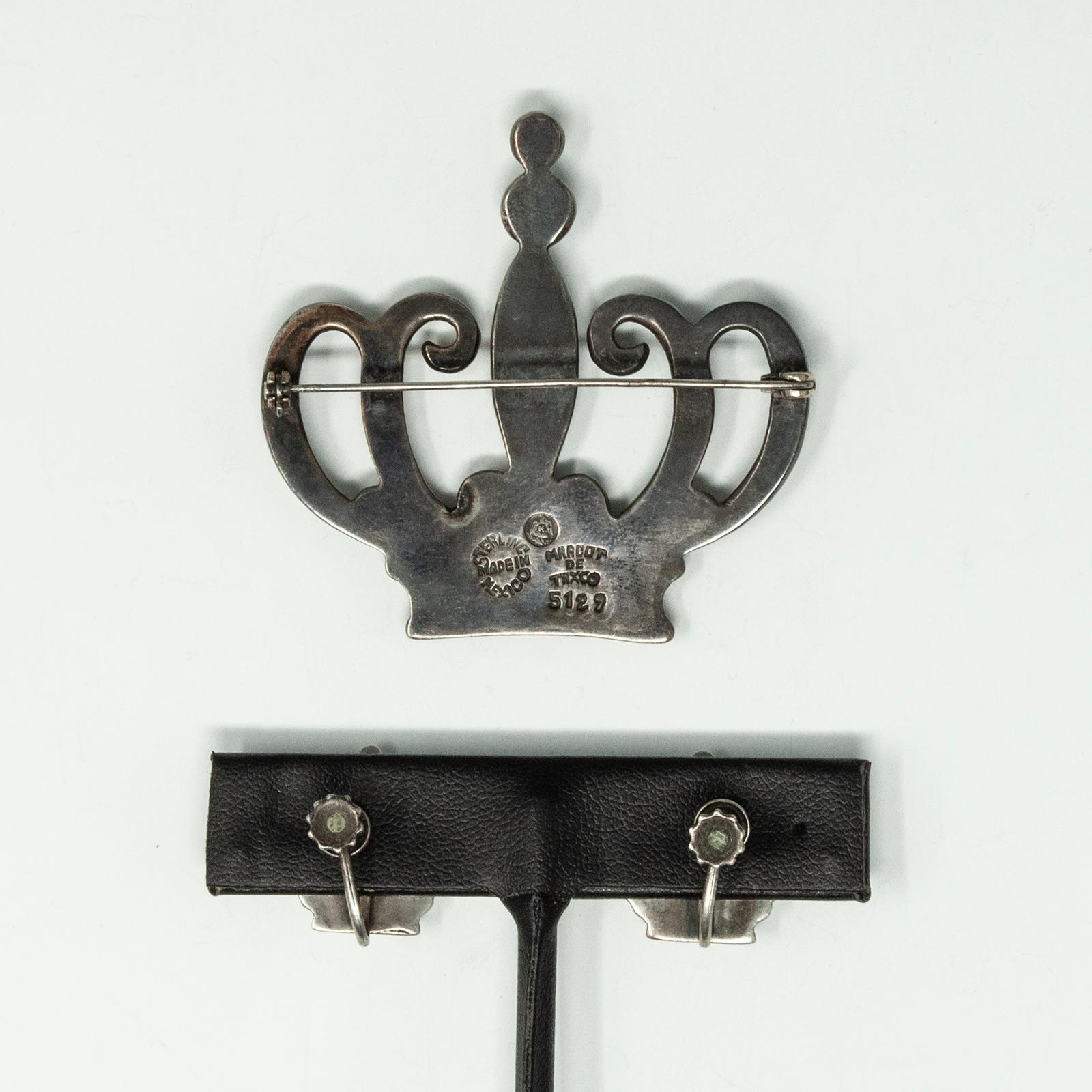 Artisan Margot de Taxco Sterling Silver Crown Brooch and Earrings For Sale