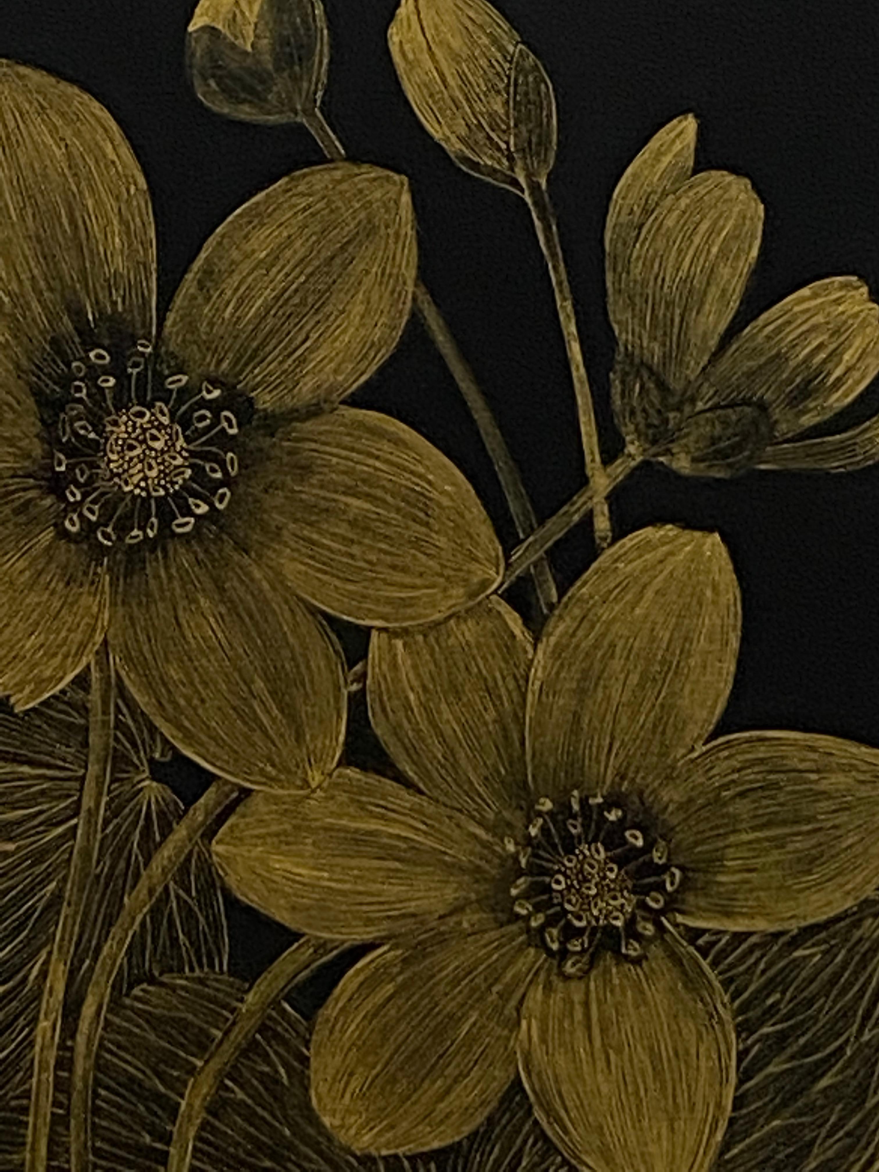 Anemone One, Botanical Painting, Gold Flowers, Leaves, Stem, Buds on Black Panel For Sale 1
