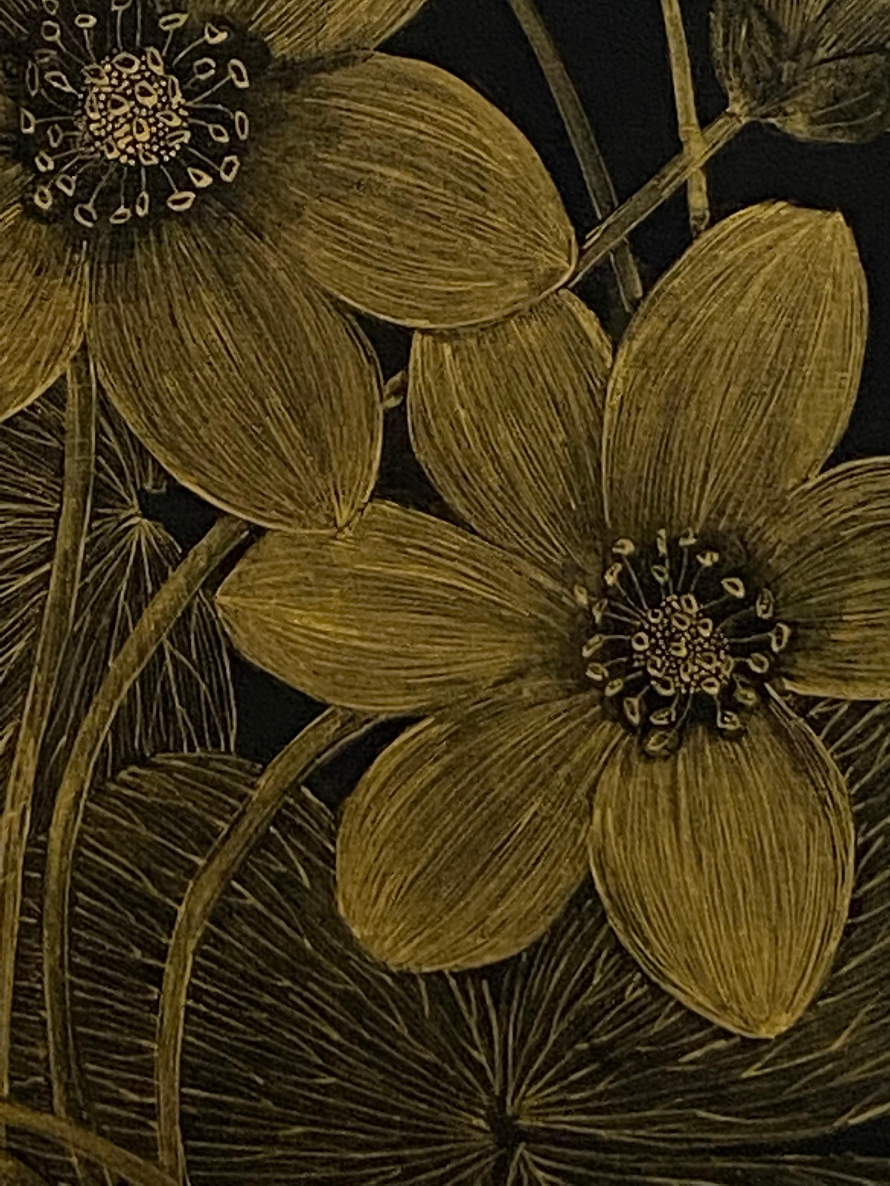 Anemone One, Botanical Painting, Gold Flowers, Leaves, Stem, Buds on Black Panel For Sale 2