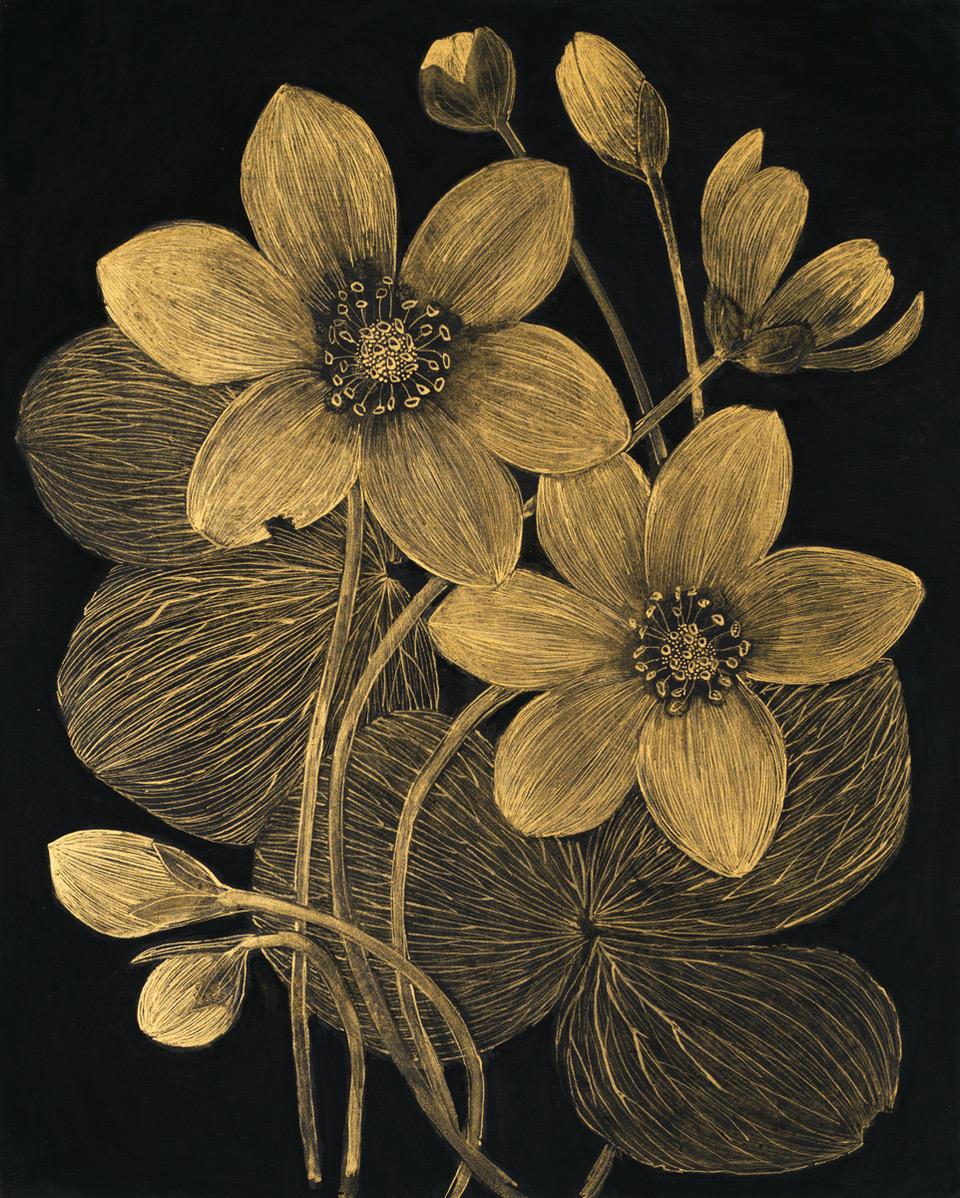 Anemone One, Metallic Gold Flowers, Leaves, Plant, Botanical, Buds, Black Panel - Painting by Margot Glass