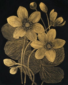 Anemone One, Metallic Gold Flowers, Leaves, Plant, Botanical, Buds, Black Panel