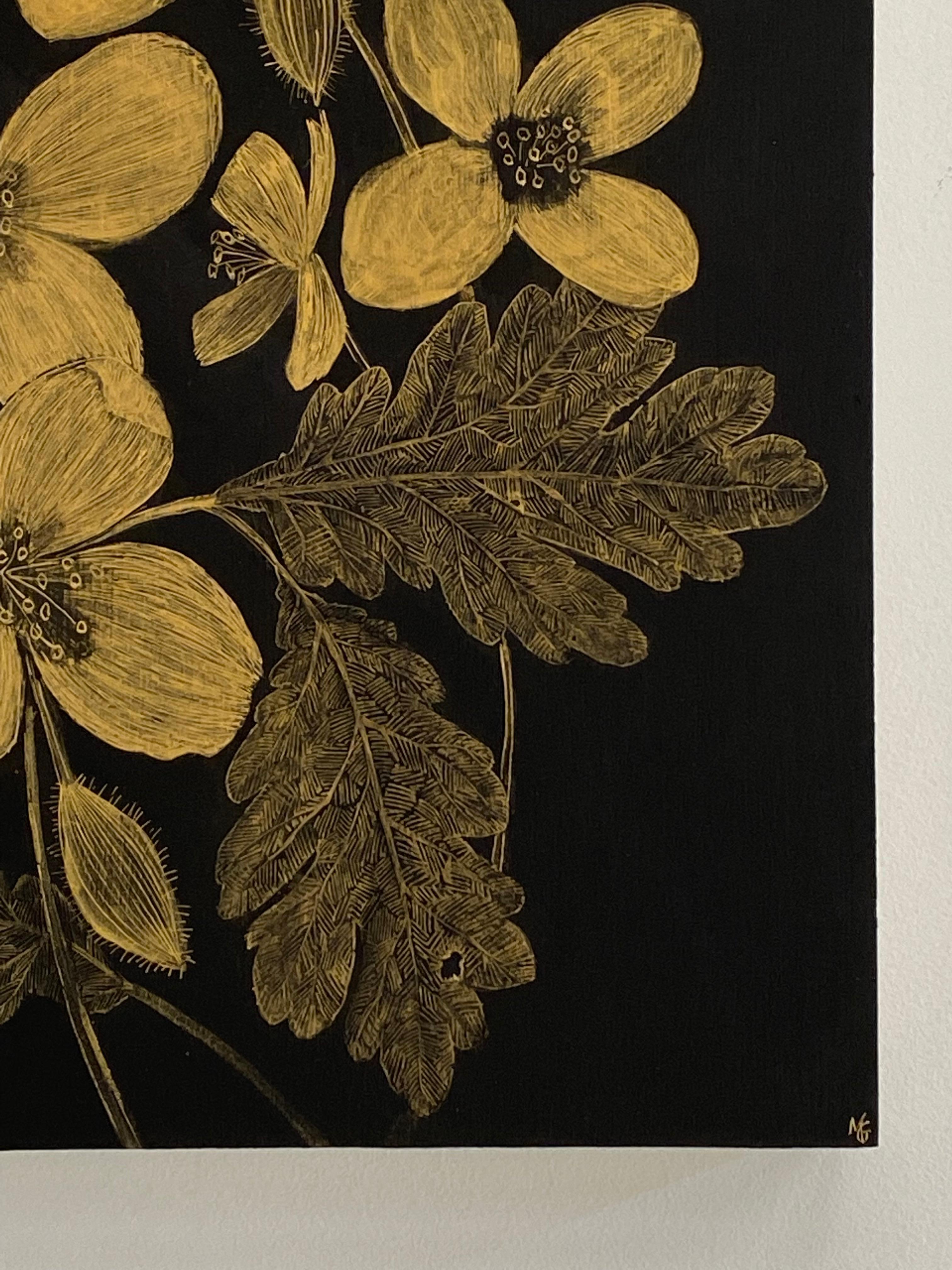 Celandine, Botanical Painting Gold Flowers, Black Panel, Leaves, Stem, Buds For Sale 7
