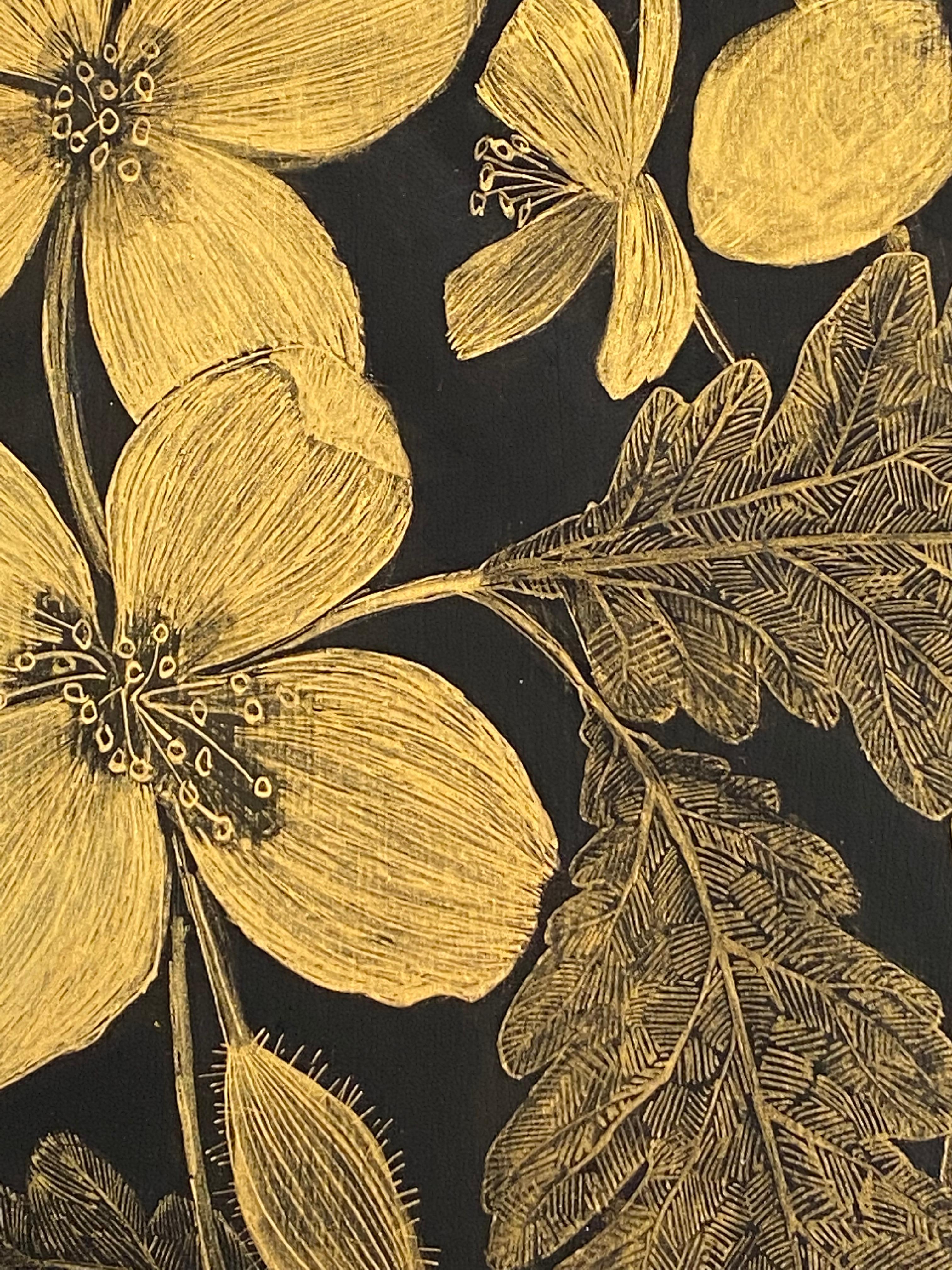 This delicate botanical drawing is made with gold acrylic on cradled panel, painted black. The exploration of ephemerality, and the fragility of a wild celandine flower, its leaves, petals and buds are the focus of this painting by Margot Glass. The