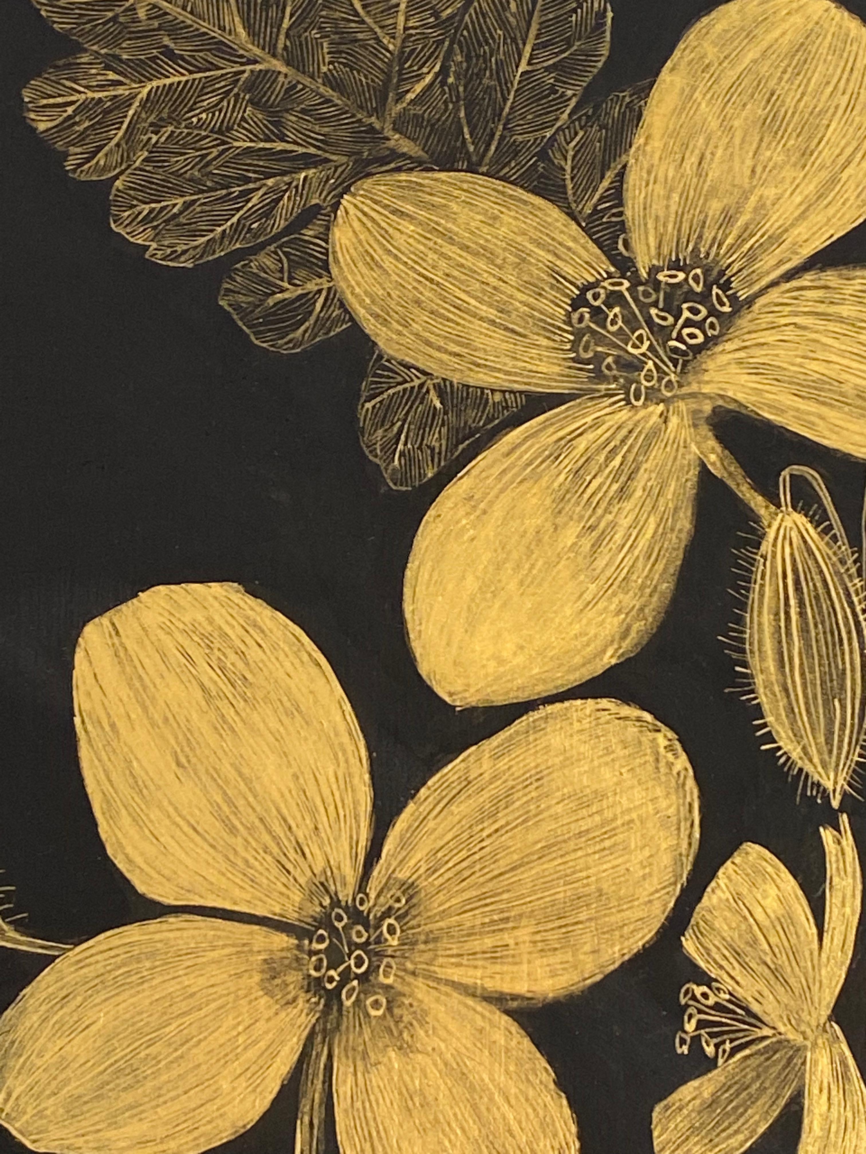 Celandine, Botanical Painting Gold Flowers, Black Panel, Leaves, Stem, Buds For Sale 1