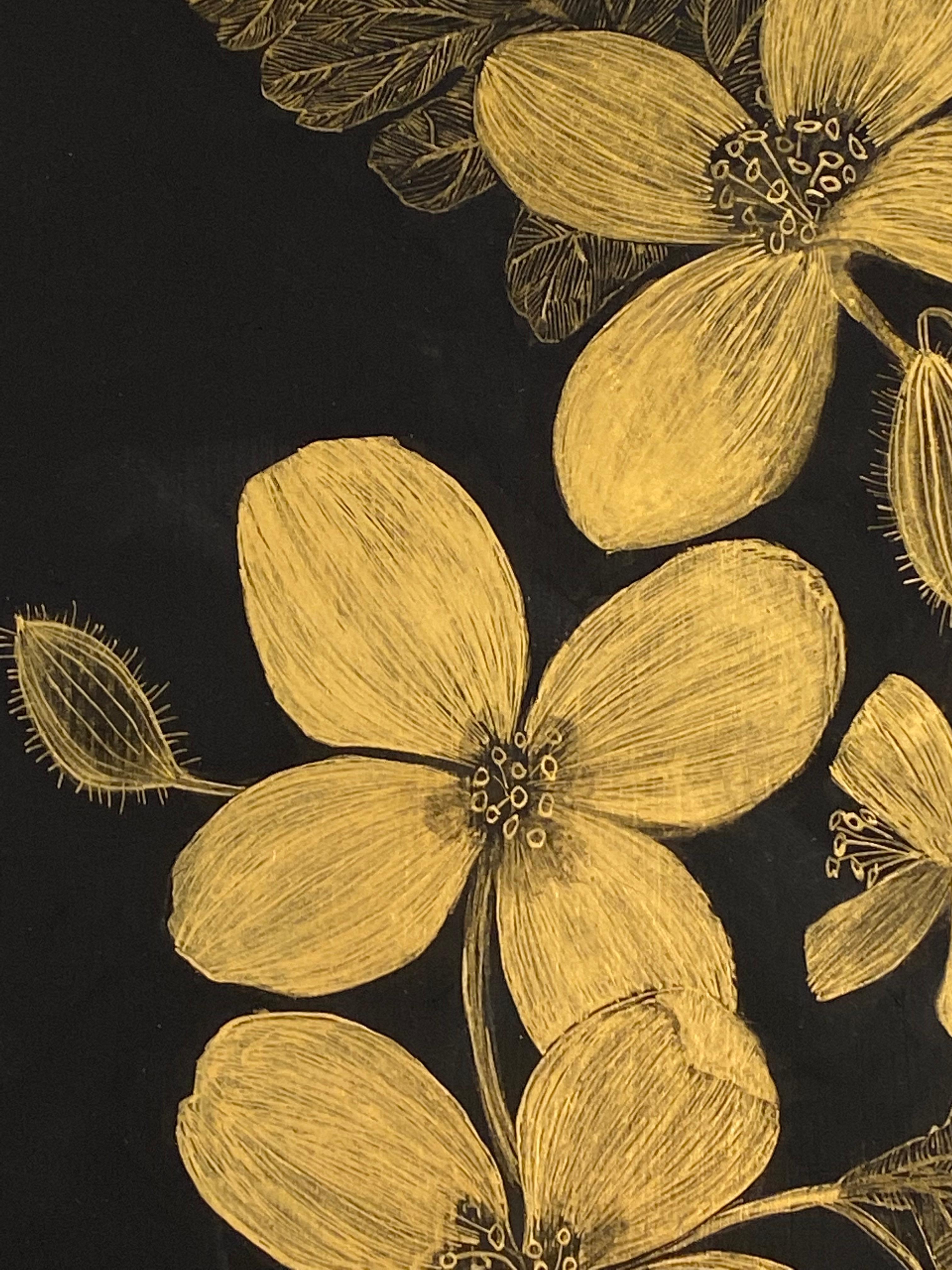 Celandine, Botanical Painting Gold Flowers, Black Panel, Leaves, Stem, Buds For Sale 2